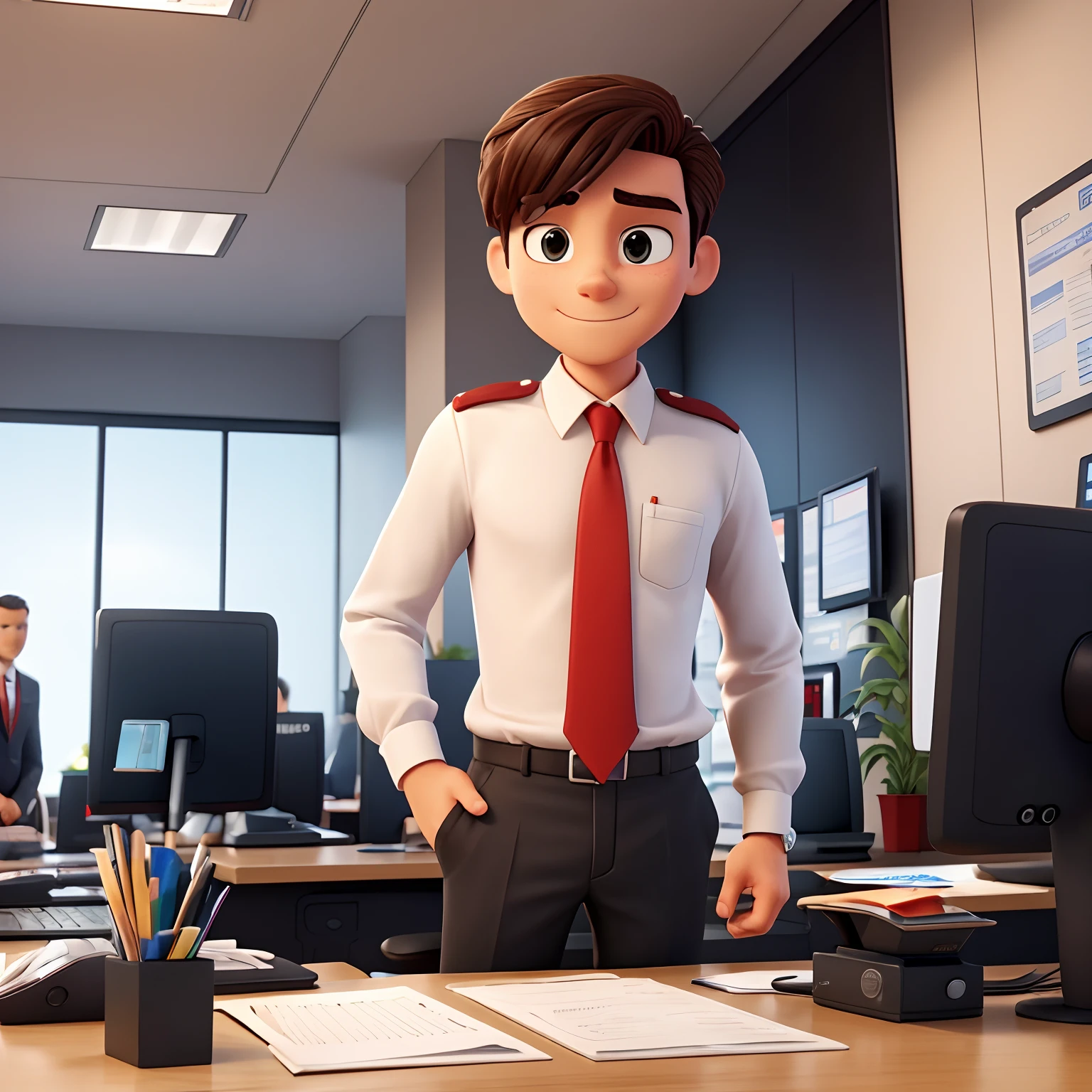 Create a picture of a male bank employee in an English-speaking country. The employee should be dressed in a white shirt and a red tie, representing a formal and professional appearance. He should be standing behind a bank teller counter, sitting on a chair, ready to assist customers. The employee should have a friendly and approachable expression on his face, showing his willingness to help. Additionally, include various elements commonly found in a bank, such as a computer, cash register, or security cameras, to provide context. Consider adding small details like a name badge or a neatly organized desk to enhance the professionalism of the employee.