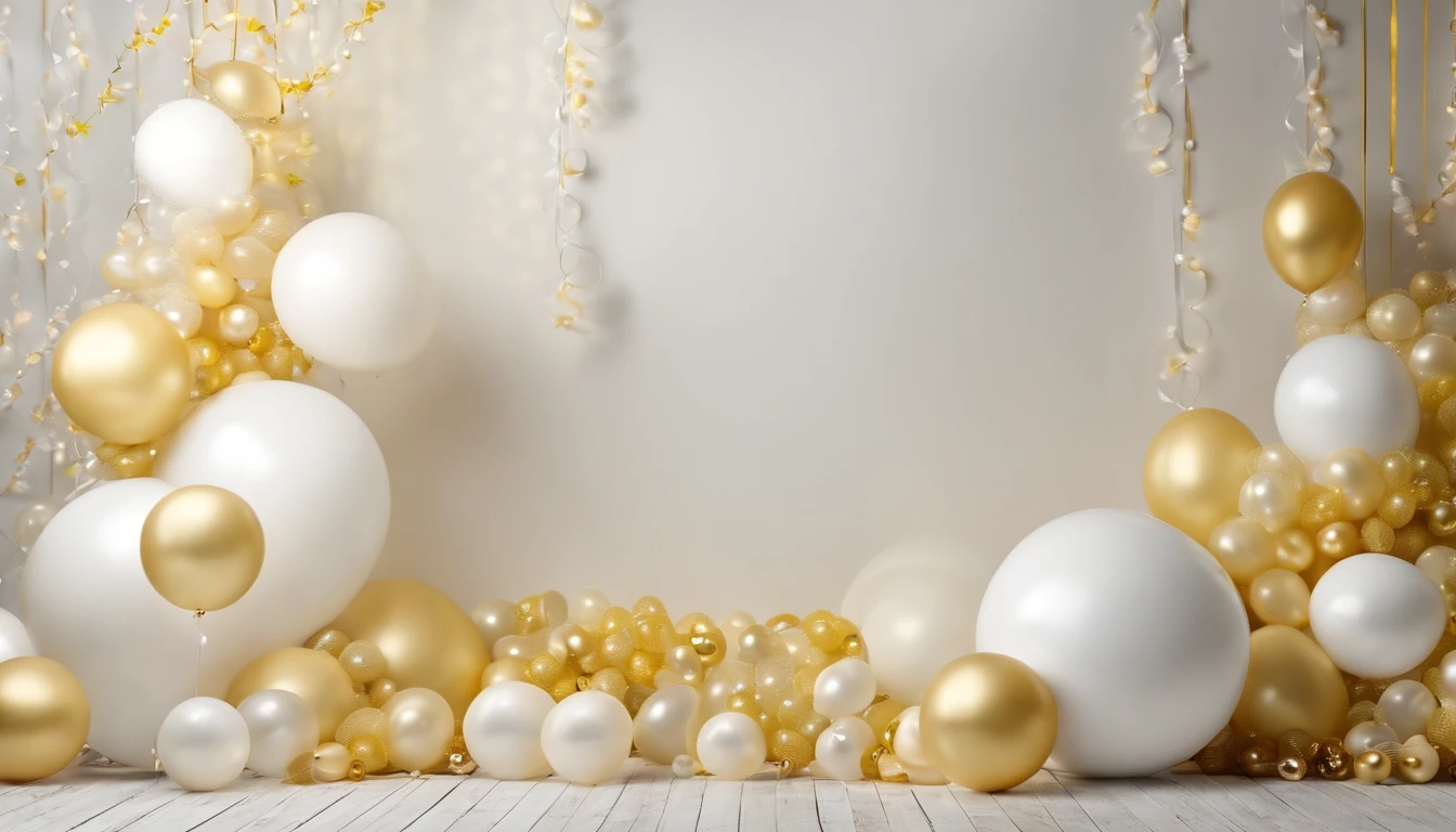 Real photo, white drywall, and decorated with light yellow and white and cream bubble strings, Birthday decoration backdrop, used for studio photography