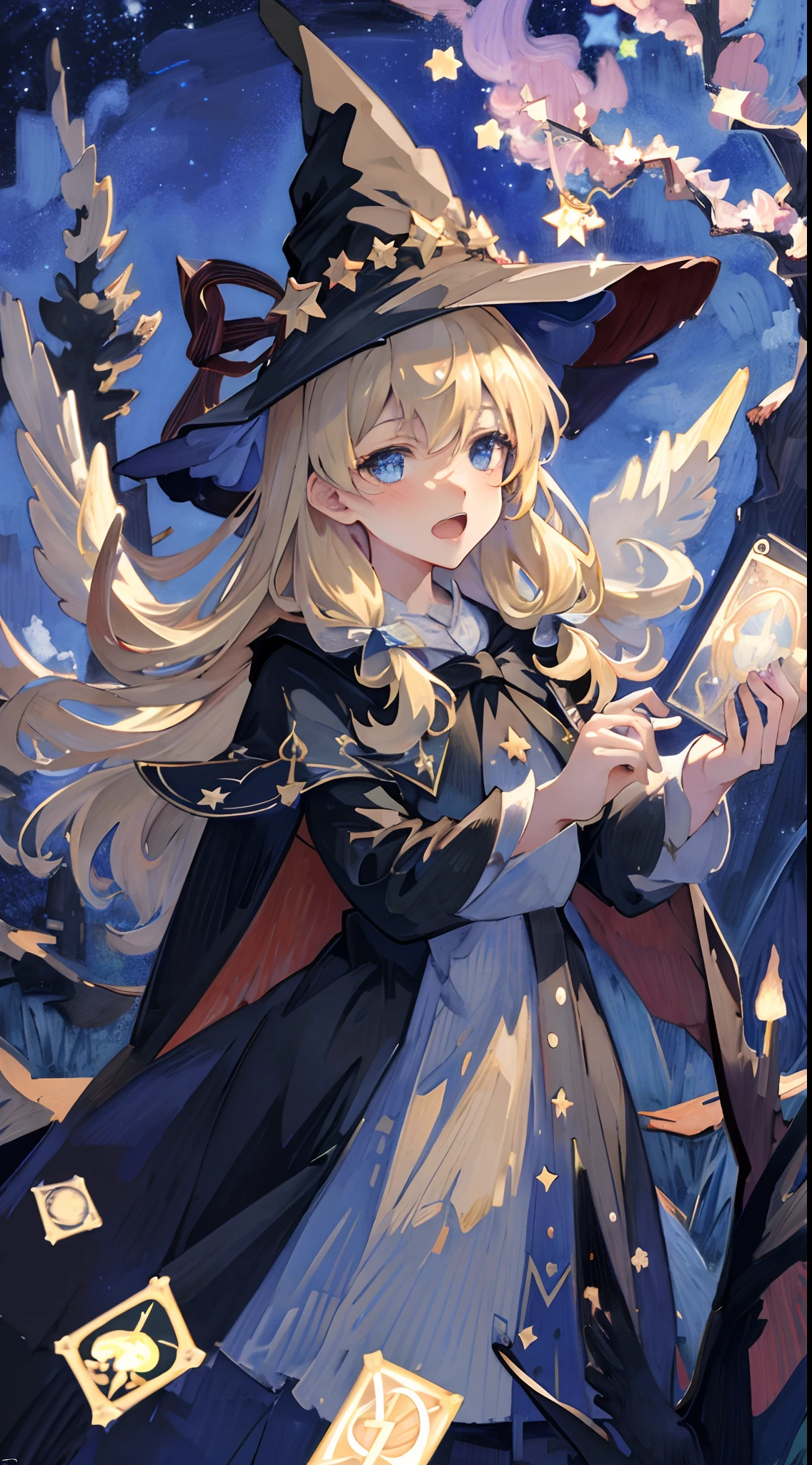 ((Masterpiece:1.2, Best quality)), 1girll, Solo, (Witch hat), Blonde hair, Long hair, aurora, Night, Star (sky), mitts, sky, Student uniform, Night sky, Open mouth, Starry sky, Blue eyes, ribbon, Very long hair, Red dress, ssmile, Hair ribbon, Cape, Blonde hair, (Bird), magic, casting spell, Dark clouds, Night, (Impressionism:1.4), (tarot:1.3), Alphonse Mucha,