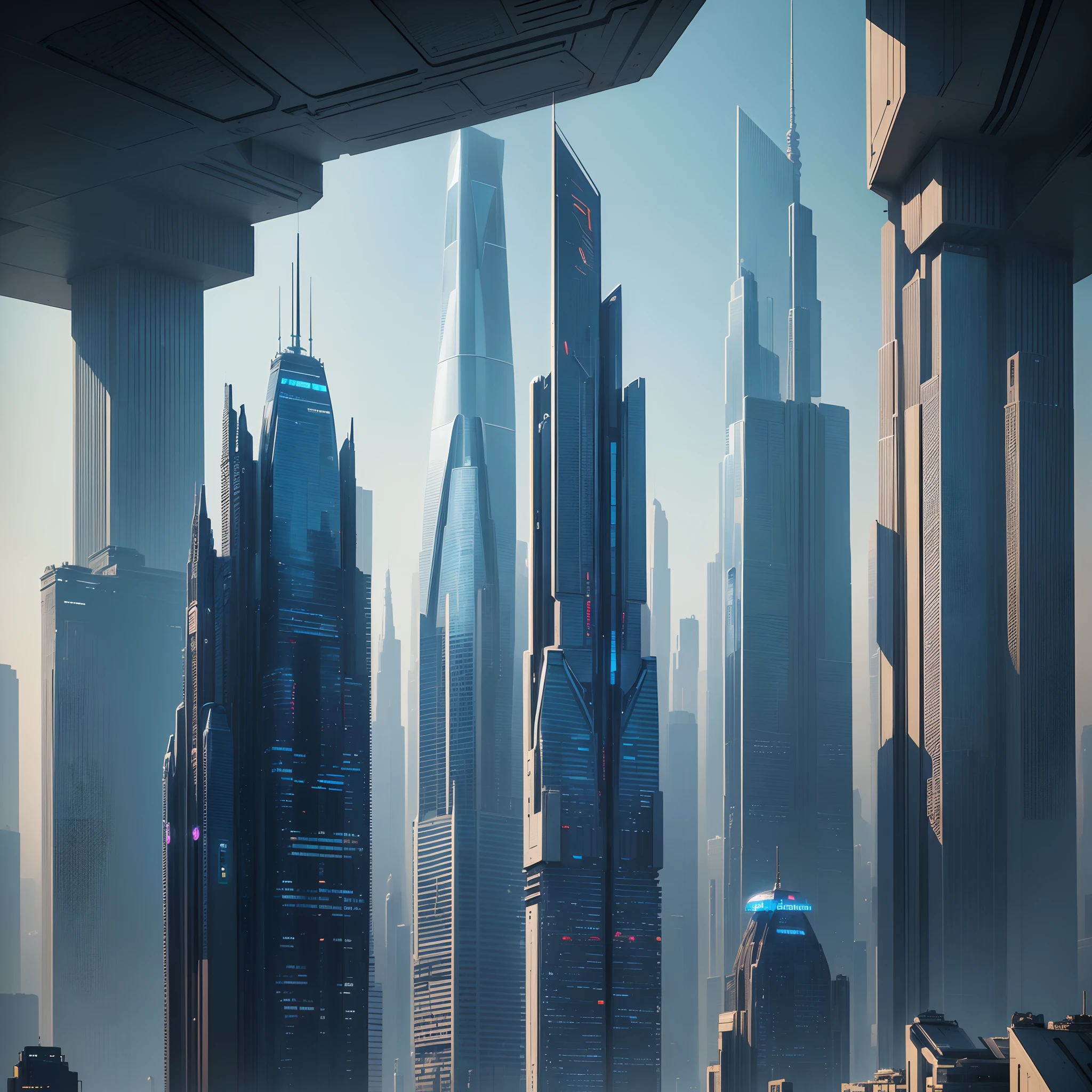 (Best Quality, 8K, Ultra-detailed:1.2), Futuristic cityscape of towering skyscrapers, Cyberpunk, Sci-Fi Art, Earth, A futuristic world, masutepiece, Glass skyscraper, Imaginative, 40 times taller building, Vivid colors, Dramatic Lighting,kosmos,A world far beyond the imagination of mankind,