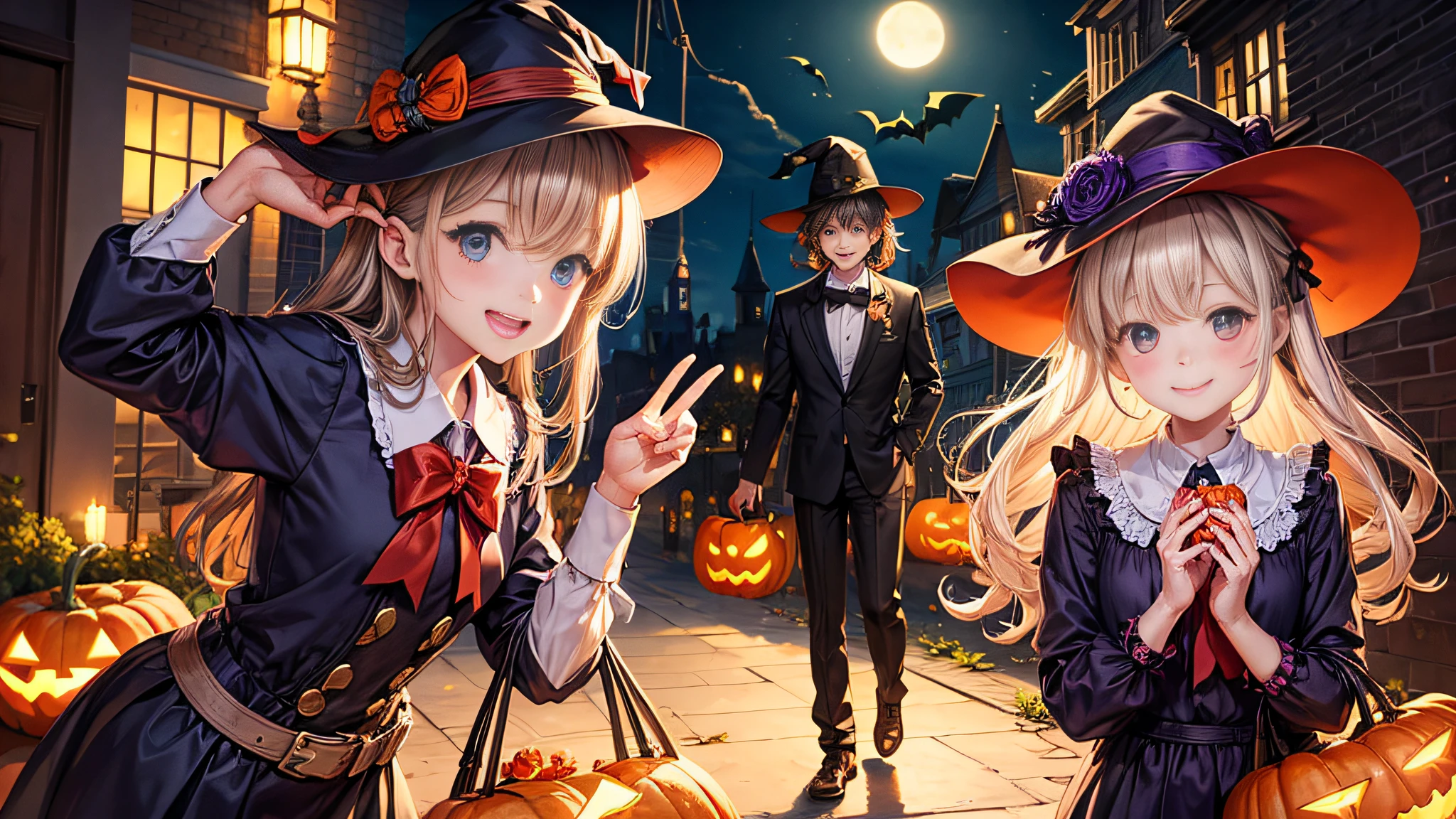 Halloween illustration, three , elementa candy in both hands and smiling happily, (Masterpiece), (Best Quality), (Ultra high Detailes)