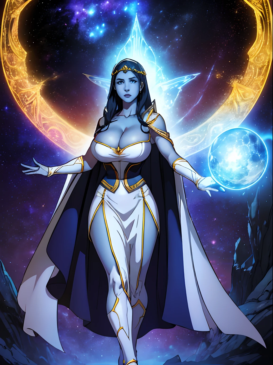 (masterpiece, top quality, best quality, official art, beautiful and aesthetic:1.2), (1girl:1.3), dark blue hair in braid, extremely detailed, portrait, looking at viewer, solo, (full body:0.6), detailed background, close up, (cool science fiction space theme:1.1), ((((blue skin)))), extremely busty sorceress, charlatan, mysterious, casting spells in space, four arms, revealing white robes, fingerless gloves, long gloves, glowing magical energy, blindfold, elaborate headdress, golden ceremonial tiara, sheer white fabric, elegant robes, skirts, streamers, cowl, cape, sandals, bracers, ((((extra arms, gigantic breasts, cleavage, skindentation)))), slim waist, slim hips, long legs, athletic, SPACE, futuristic moon, (space exterior:1.1) background, dark mysterious lighting, shadows, magical atmosphere, dutch angle