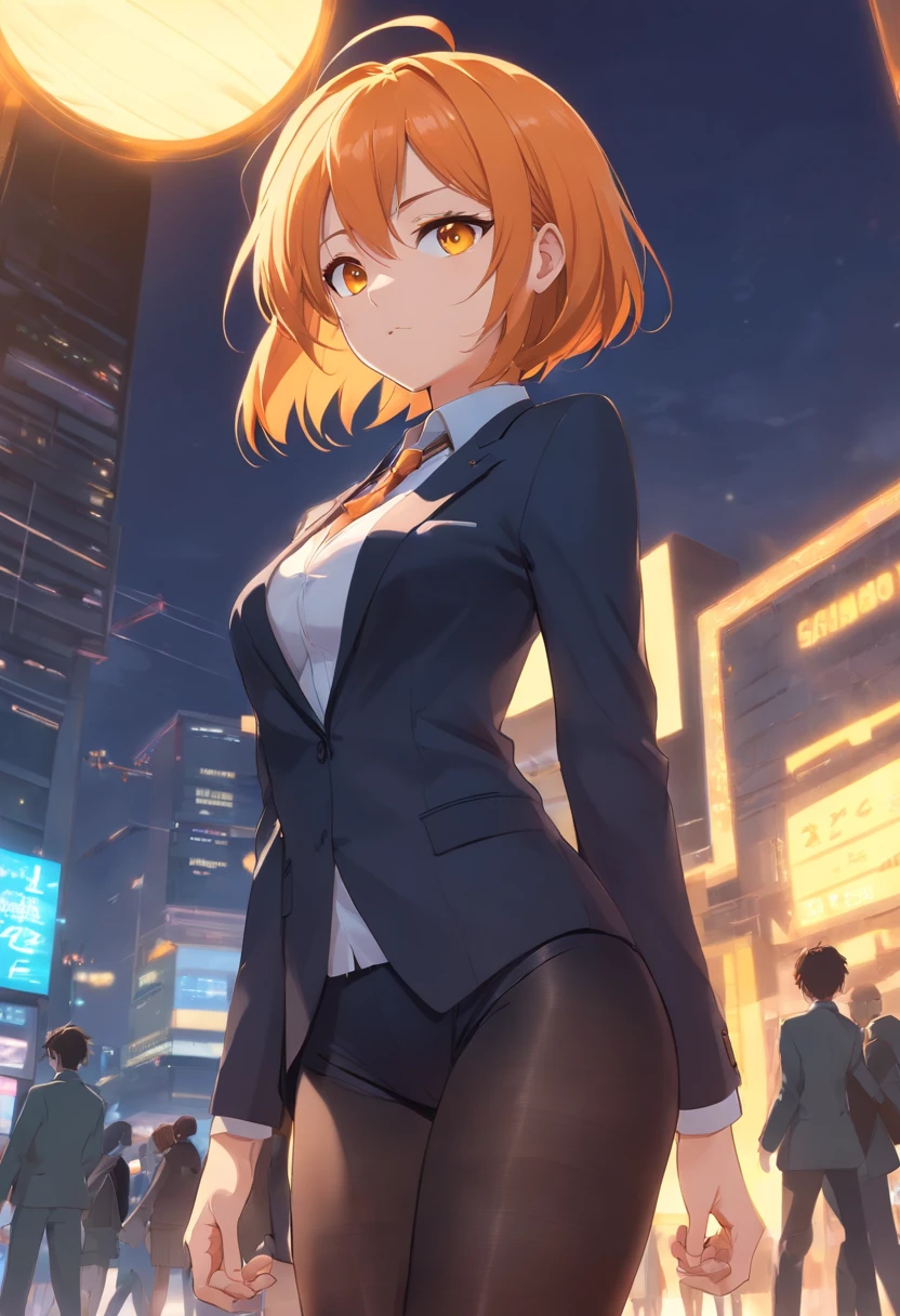 1 female、Orange hair、Colossal tits、Big ass、Black Tights Suit、yellow eyes、Large, thick thighs、a short bob、wide hips
