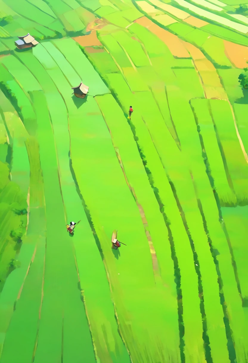 (best quality,4k,8k,highres,masterpiece:1.2),ultra-detailed,(realistic,photorealistic,photo-realistic:1.37),cinematic scene of rice field capturing by drone,flying drone above the vast rice field,wide aerial shot of the lush green rice paddy stretching to the horizon,beautiful morning light casting soft golden glow on the fields,sunlight creating long shadows on the gently swaying rice stalks,crystal clear water reflecting the surrounding landscape,subtle waves rippling through the water,highlighting the tranquility,impressive perspective showcasing the intricate patterns formed by the rice paddies,meticulously lined rows of rice plants,each one standing tall and healthy,farmer's hard work evident in the thriving crops,hint of a gentle breeze rustling through the leaves,adding a sense of movement and life,awe-inspiring panoramic view capturing the beauty of rural countryside,farmland extending as far as the eye can see,intense color contrast between the vibrant green of the fields and the brilliant blue skies,subtle hints of warm colors in the distant horizon,inviting viewers to immerse in the serene and idyllic ambiance,rich texture of the rice fields giving dimension to the image,showcasing the depth and intricacy of the landscape,natural light creating a warm and inviting atmosphere,illuminating the scene with a soft, diffused glow,dramatic composition capturing the vastness and grandeur of the rice field,masterfully showcasing the patterns and colors of nature,creating a mesmerizing and immersive cinematic experience.