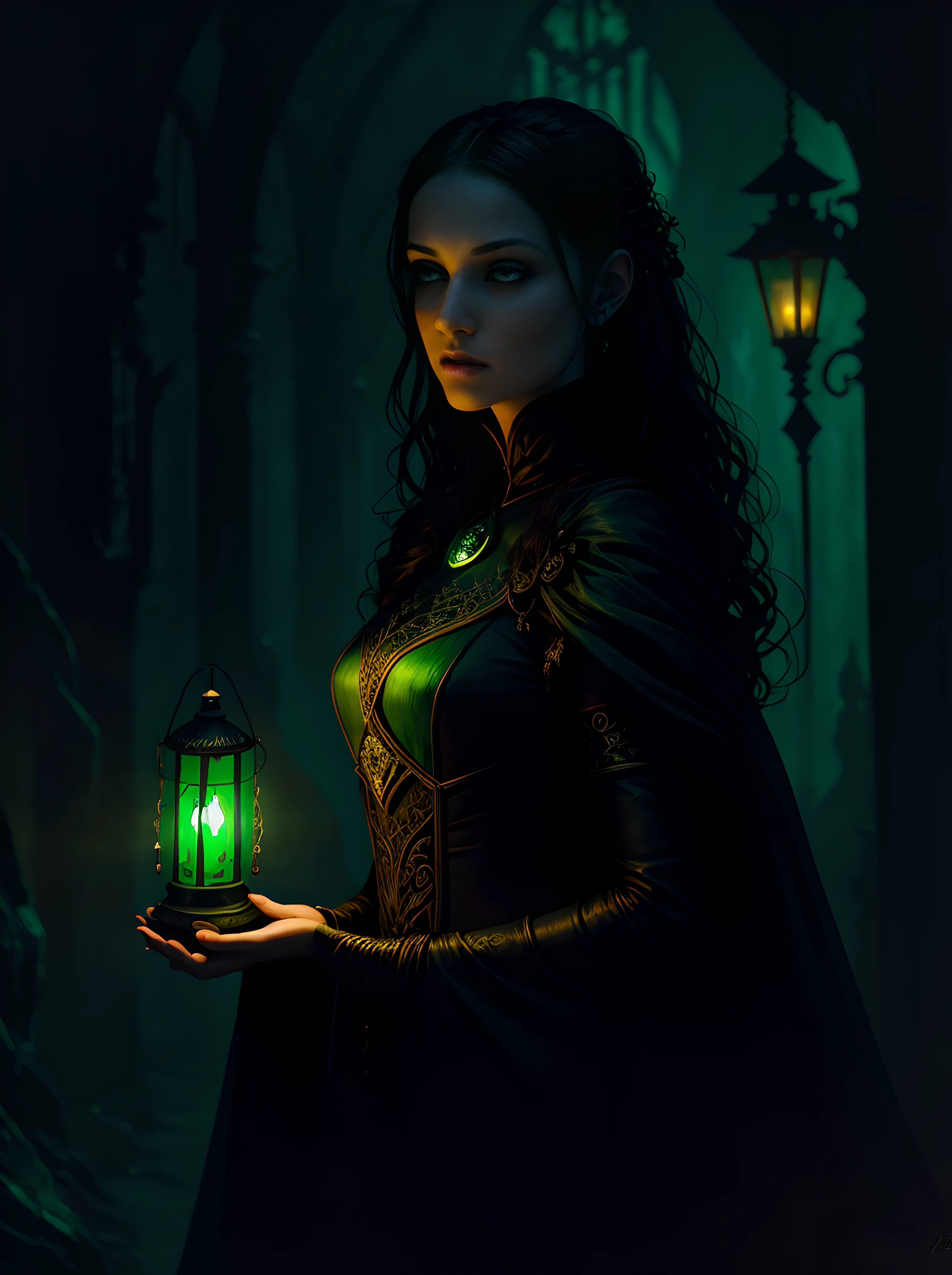 Arafed woman holding a lantern with a green light in her hand, dark fantasy style art, fantasy dark art, in style of dark fantasy art, dark fantasy art, Dark Fantasy Illustration, dark fantasy artwork, neoartcore and charlie bowater, dark fantasy mixed with realism, gothic fantasy art, fantasy art style, charlie bowater rich deep colors