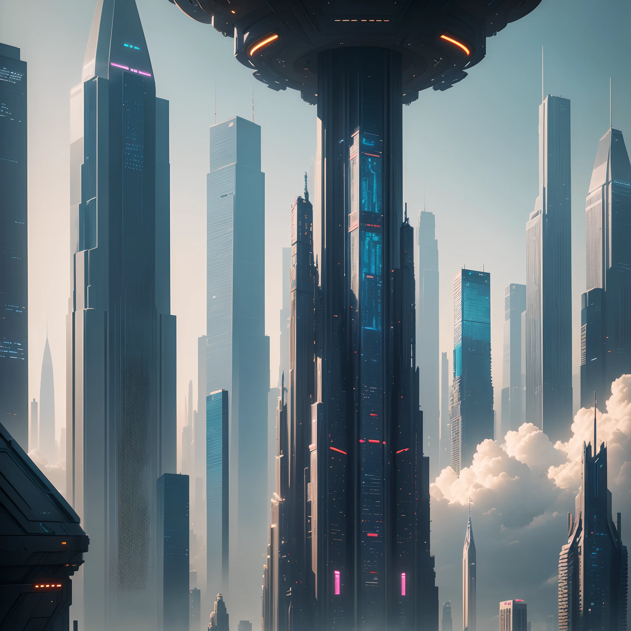 (Best Quality, 8K, Ultra-detailed:1.2), Futuristic cityscape of towering skyscrapers, Cyberpunk, Sci-Fi Art, Earth, A futuristic world, masutepiece, Glass skyscraper, Imaginative, 40 times taller building, Vivid colors, Dramatic Lighting，kosmos，A world far beyond the imagination of mankind，