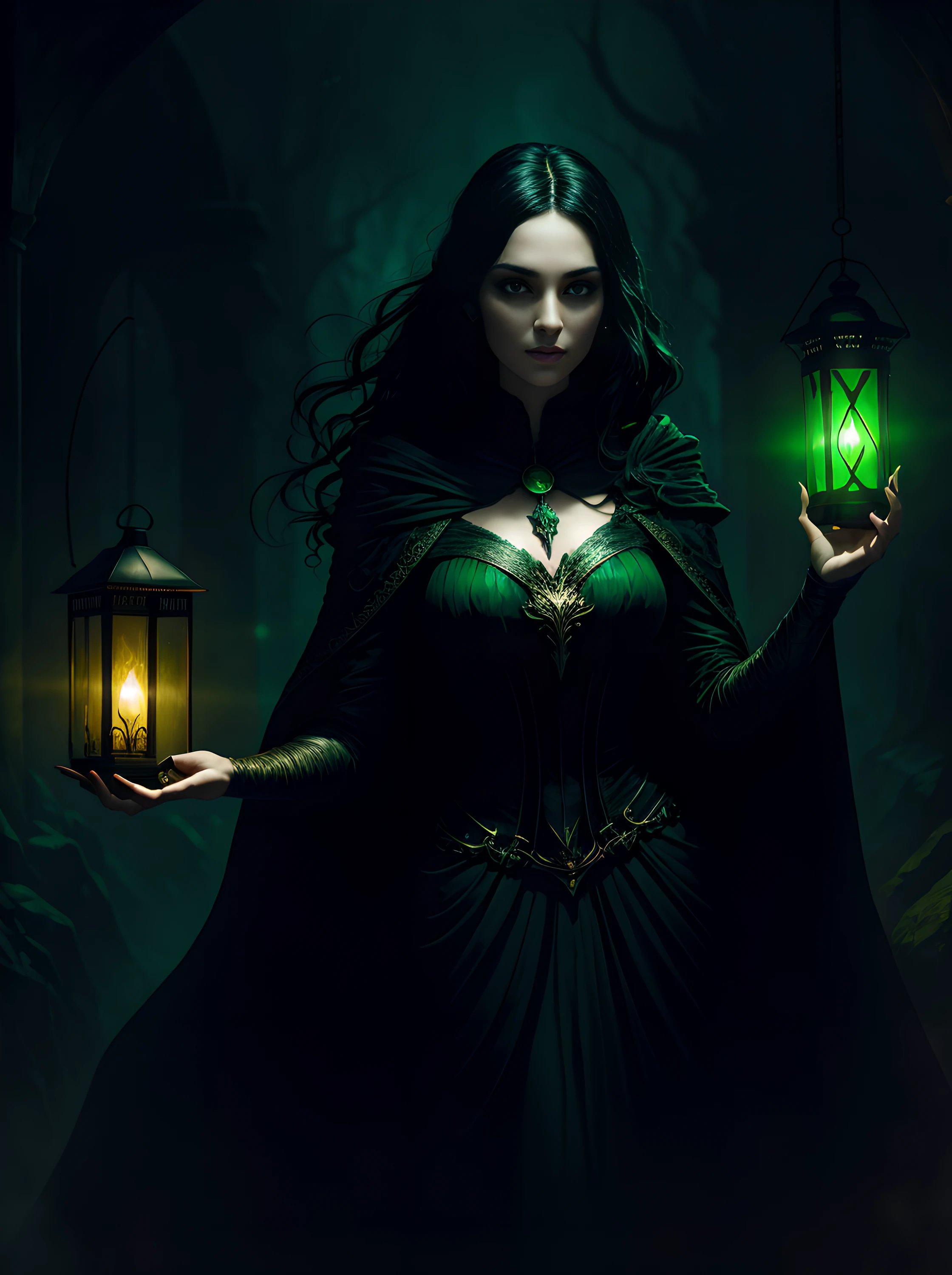 A woman in a green dress holding a lantern in her hand - SeaArt AI