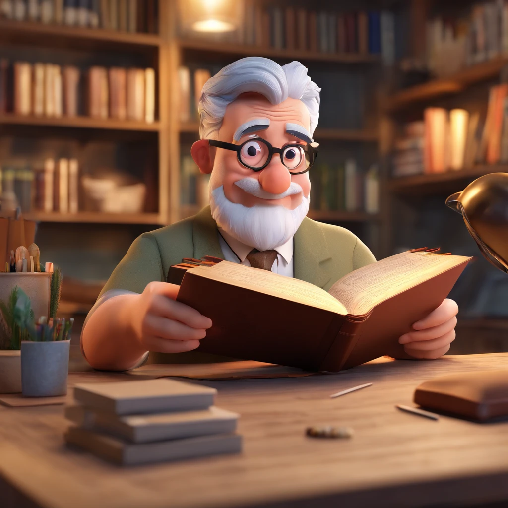 Crie um cartaz inspirado na Disney Pixar com o personagem sendo o pastor Rubens Janier, A gray-haired man wearing glasses, in an office with a Bible on the table