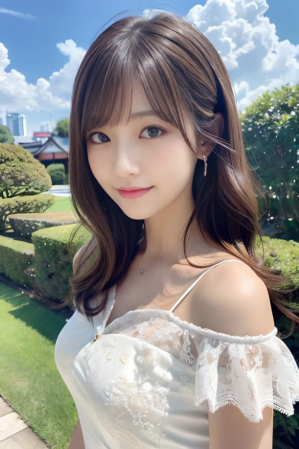table top, highest quality, shape, Super detailed, finely, High resolution, 8k wallpaper, Perfect dynamic shape, beautiful and detailed eyes, D cup, natural color lip, random sexy pose,smile、20 year old girl、midnight、Beautiful and dense face、perfect and beautiful face,Big eyes、real photos(best image quality),Sheer off-shoulder dress (off white)、looking at camera、Please stand、Do gal makeup,blurred camp site background