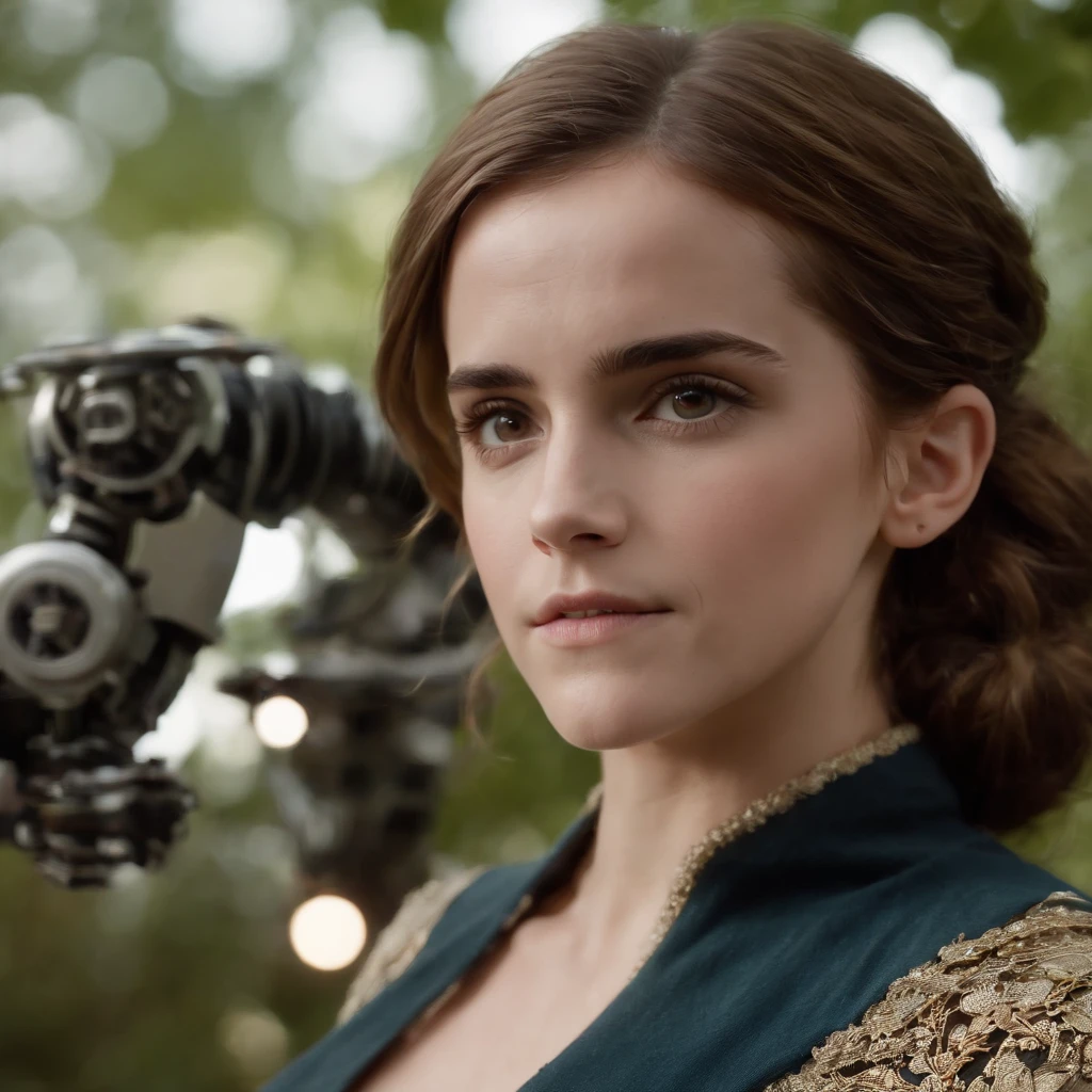 Emma Watson as a woman with a robotic piece, ::style futurista cyberpunk, Estilo realista, ::n_style pintura digital, Shape parts. rosto deformado