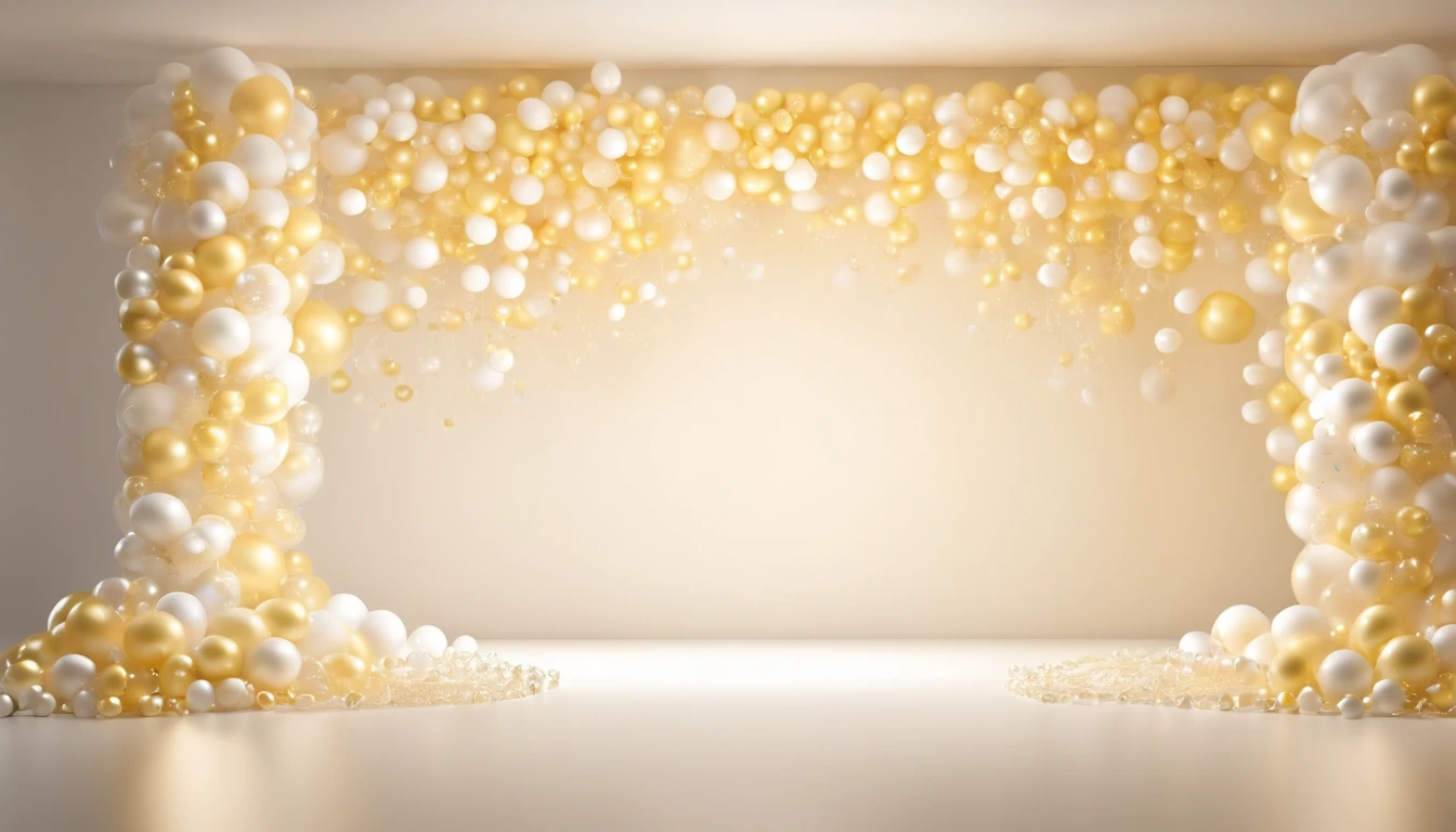 Real photo, white drywall, and decorated with light yellow and white and cream bubble strings, Birthday decoration backdrop, used for studio photography