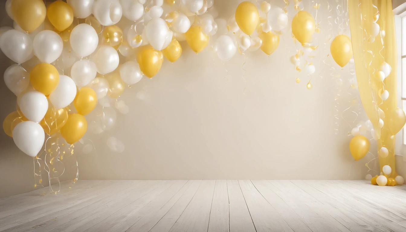 Real photo, white drywall, and decorated with light yellow and white and cream bubble strings, Birthday decoration backdrop, used for studio photography