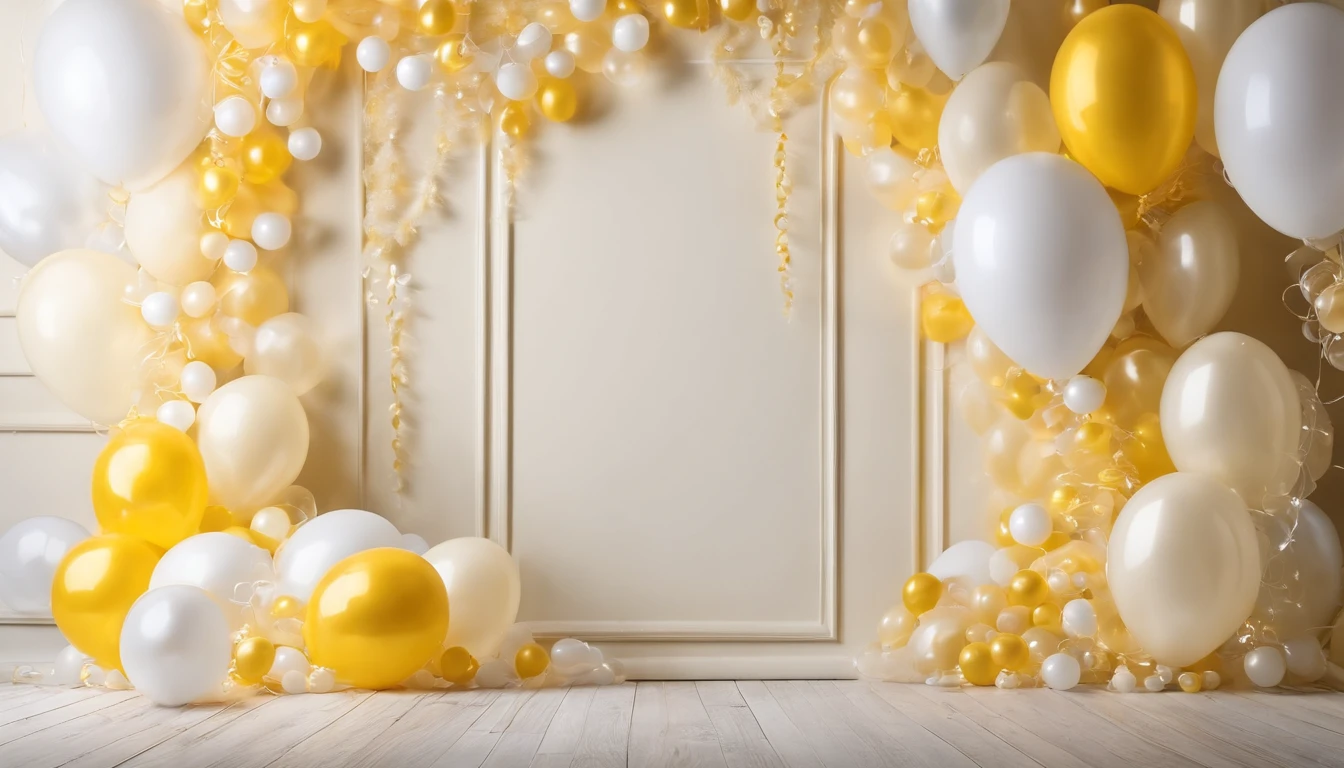 Real photo, white drywall, and decorated with light yellow and white and cream bubble strings, Birthday decoration backdrop, used for studio photography
