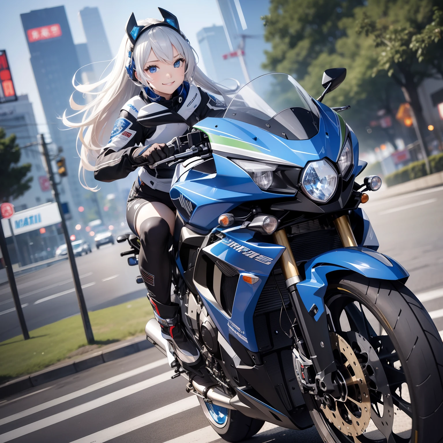 top-quality、8K、hight resolution、​masterpiece、(portlate:0.6)、Kawasaki bikes ride at high speed around the city、(slow motion:1.3)、(Motion Blur:1.3)、(SPEEDLINE:1.4)、Sense of speed、1girl in、Sparks and smoke coming out of tires、silber hair、Middle hair、(A smile:1.3)、(Look at viewers:1.3)、(bokeh dof)、18year old、cute  face、metalic，Blue Crystal Eye