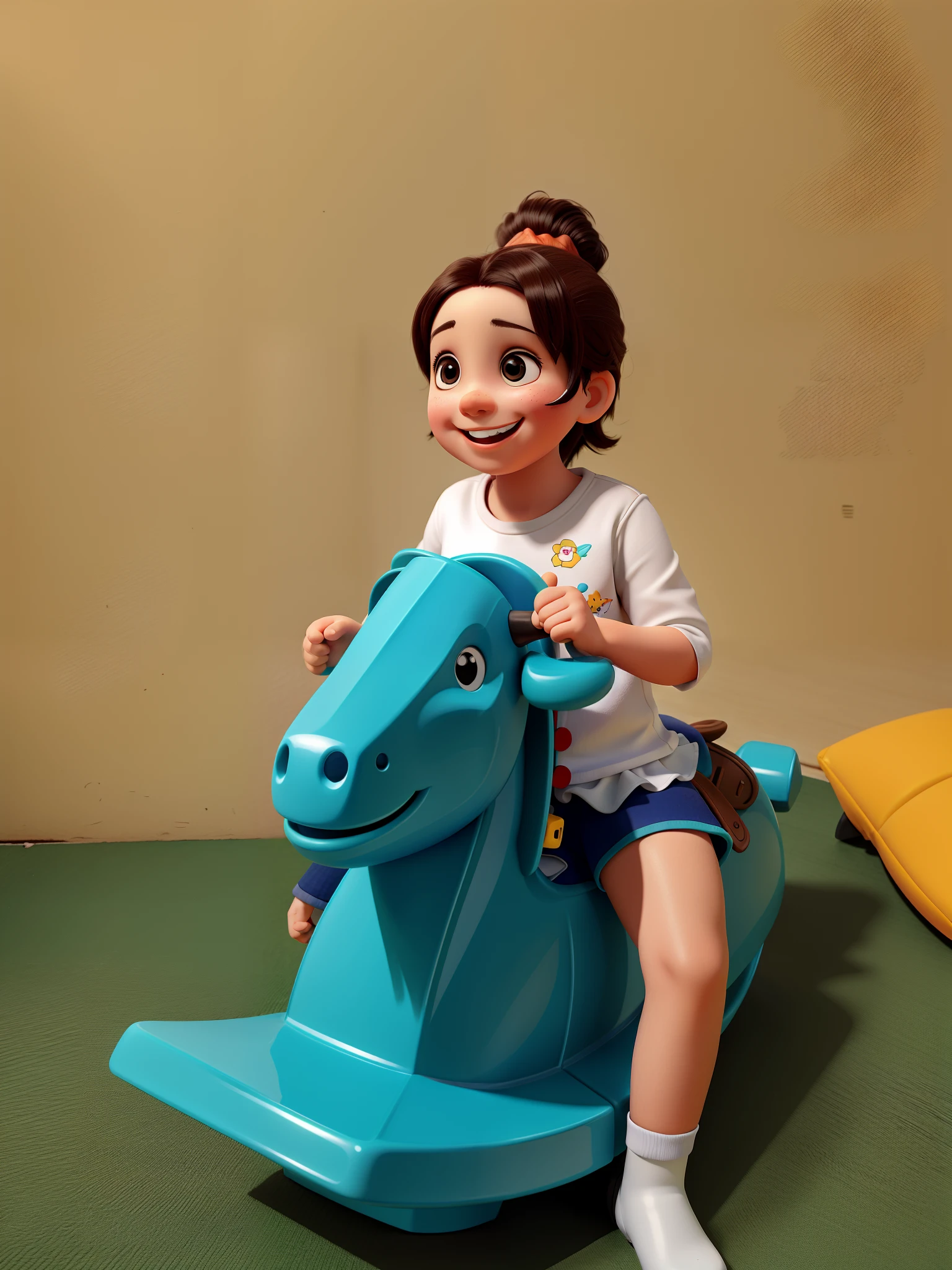 Baby sitting on toy horse, sorrindo feliz