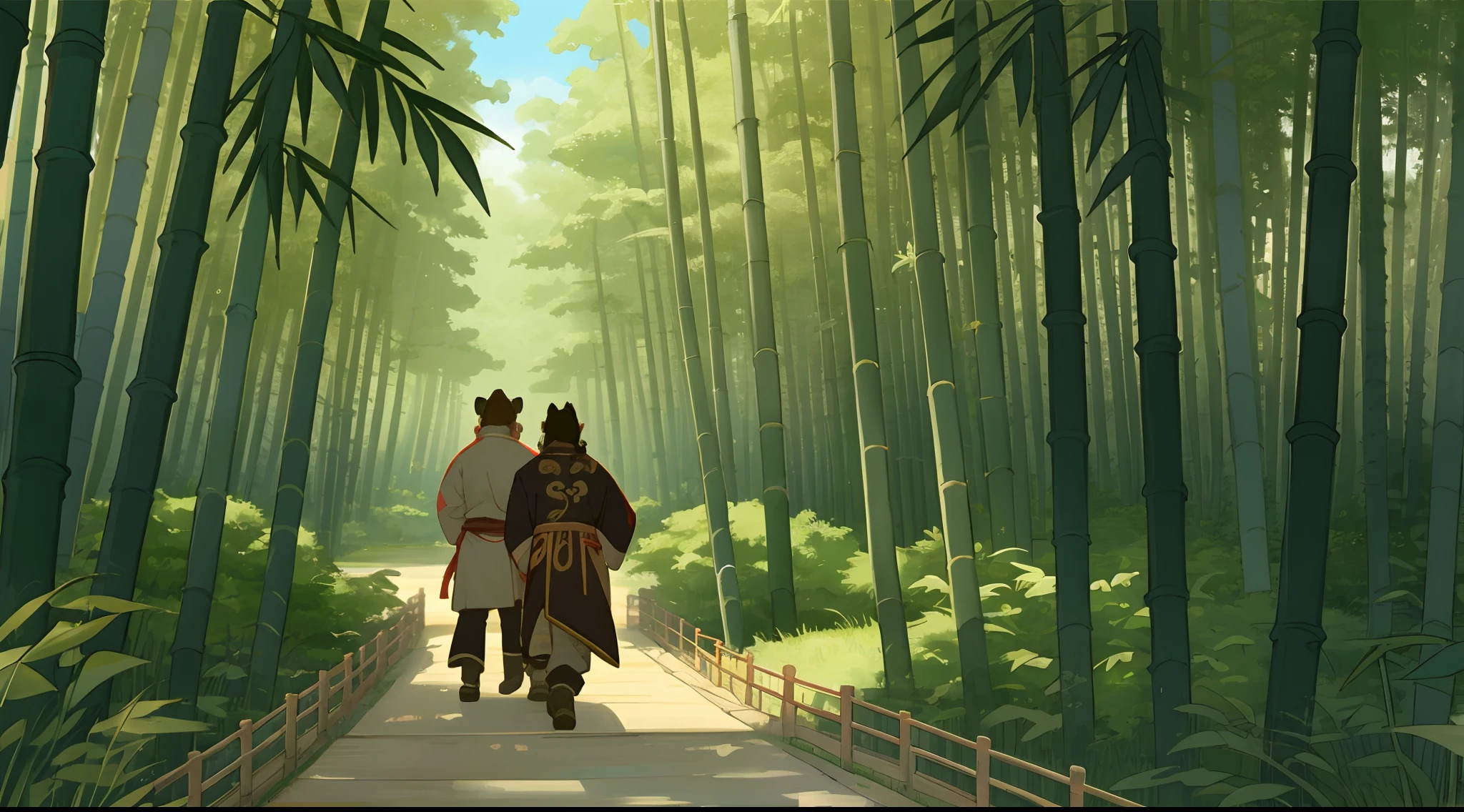 A scene from a Chinese narrative, set within a dense bamboo grove, where a person-turned-tiger comes across a familiar friend and expresses sorrow over their shared history, Depicted in the ink brush style typical of classical Chinese art, in a horizontal scroll format,