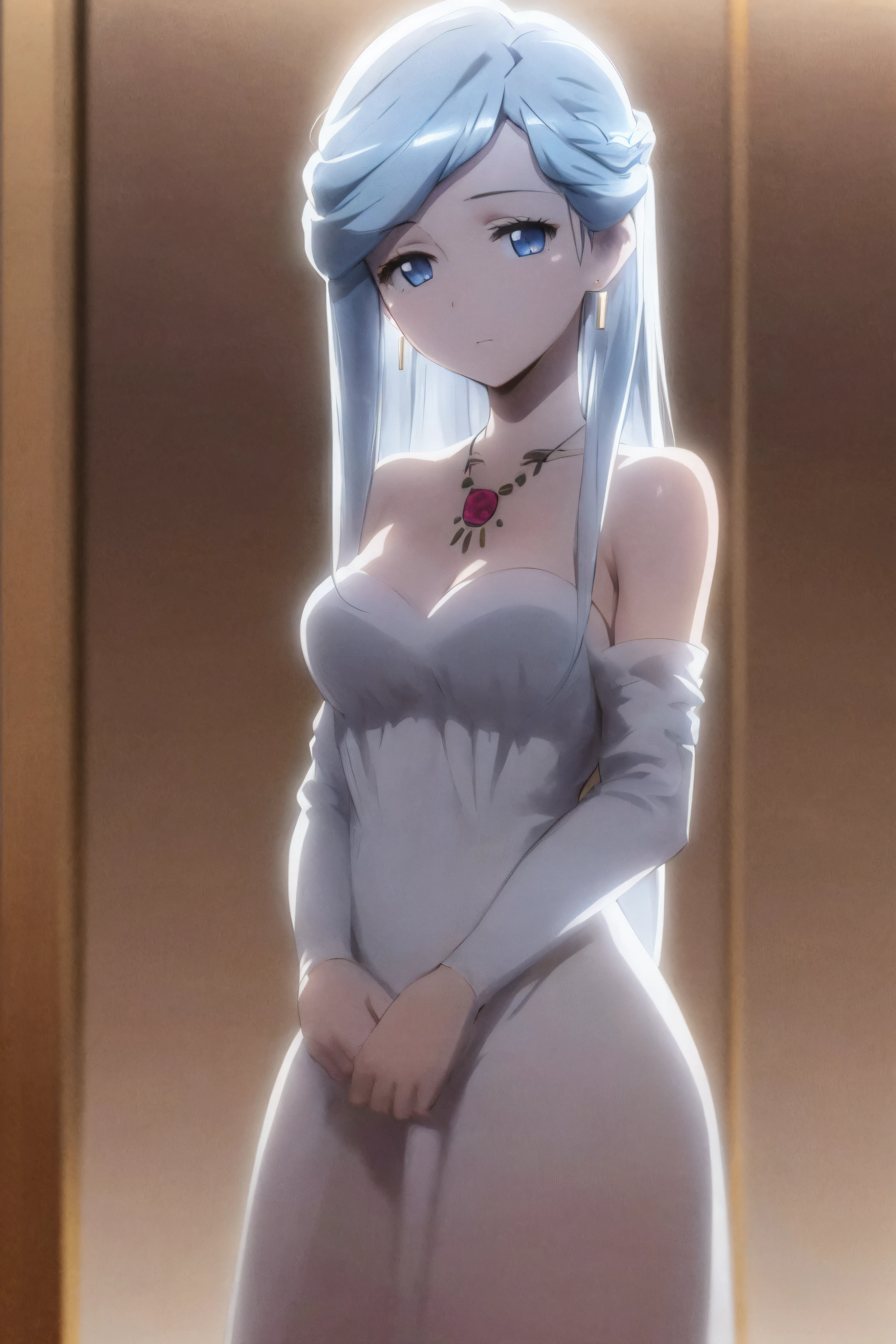 (masterpiece, best quality:1.2), cowboy shot, solo, 1girl ,rayneshia, silver hair , long hair, blue hair,blue eyes,sexy woman, dress ,bare shoulders,jewelry, earrings, necklace,expressionless, closed mouth, looking at viewer,NSFW,official art,extremely detailed CG unity 8k wallpaper, perfect lighting, (masterpiece:1.0),(best_quality:1.0), ultra high res,4K,ultra-detailed, photography, 8K, HDR, highres, absurdres:1.2, Kodak portra 400, film grain, blurry background, bokeh:1.2, lens flare, (vibrant_color:1.2),(beautiful_face:1.5),(narrow_waist),(perfect hands, perfect anatomy),