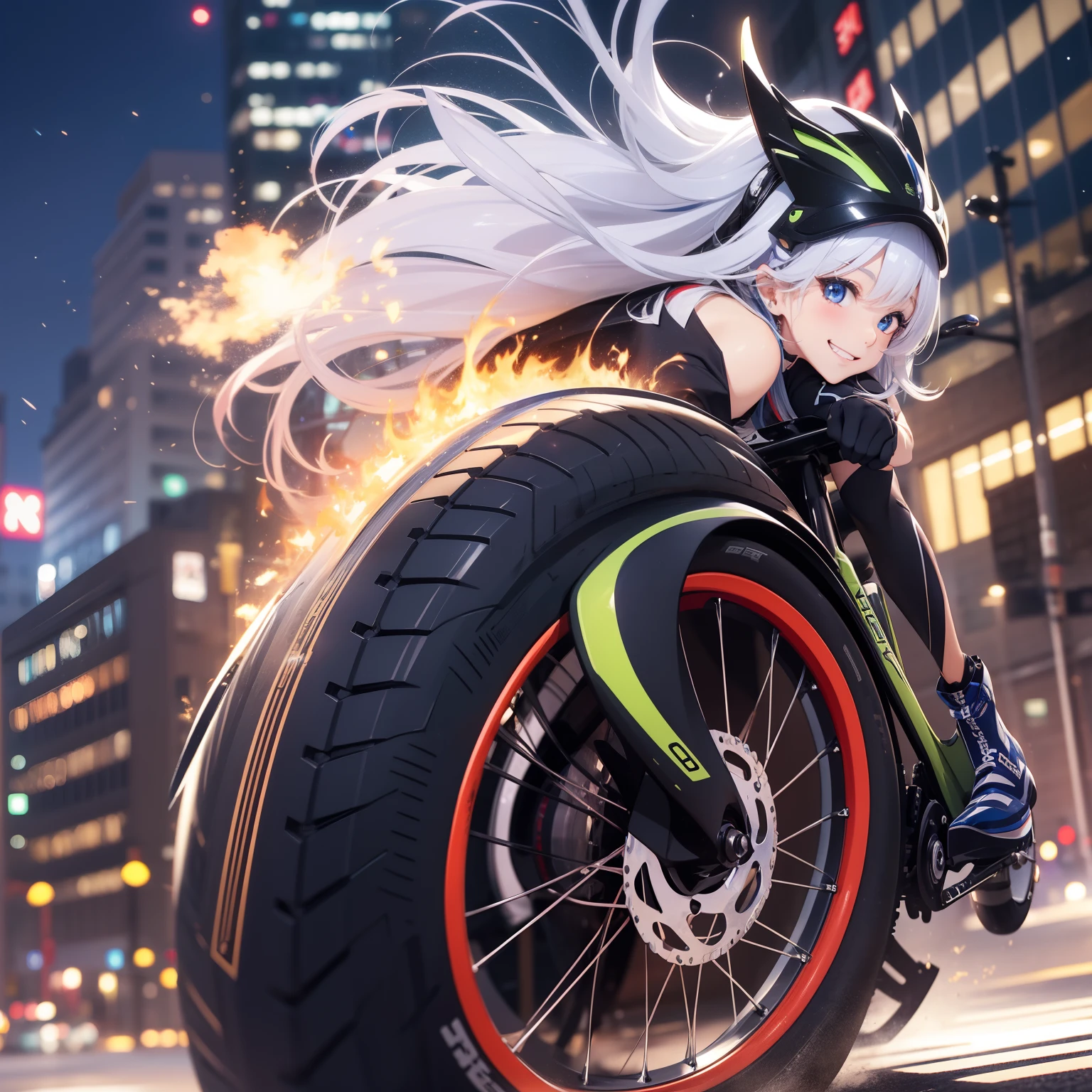 top-quality、8K、hight resolution、masterpiece、(portlate:0.6)、Kawasaki bikes ride at high speed around the city、(slow motion:1.3)、(Motion Blur:1.3)、(SPEEDLINE:1.4)、Sense of speed、1girl in、Sparks and smoke coming out of tires、silber hair、Middle hair、(A smile:1.3)、(Look at viewers:1.3)、(bokeh dof)、18year old、cute face、metalic,Blue Crystal Eye