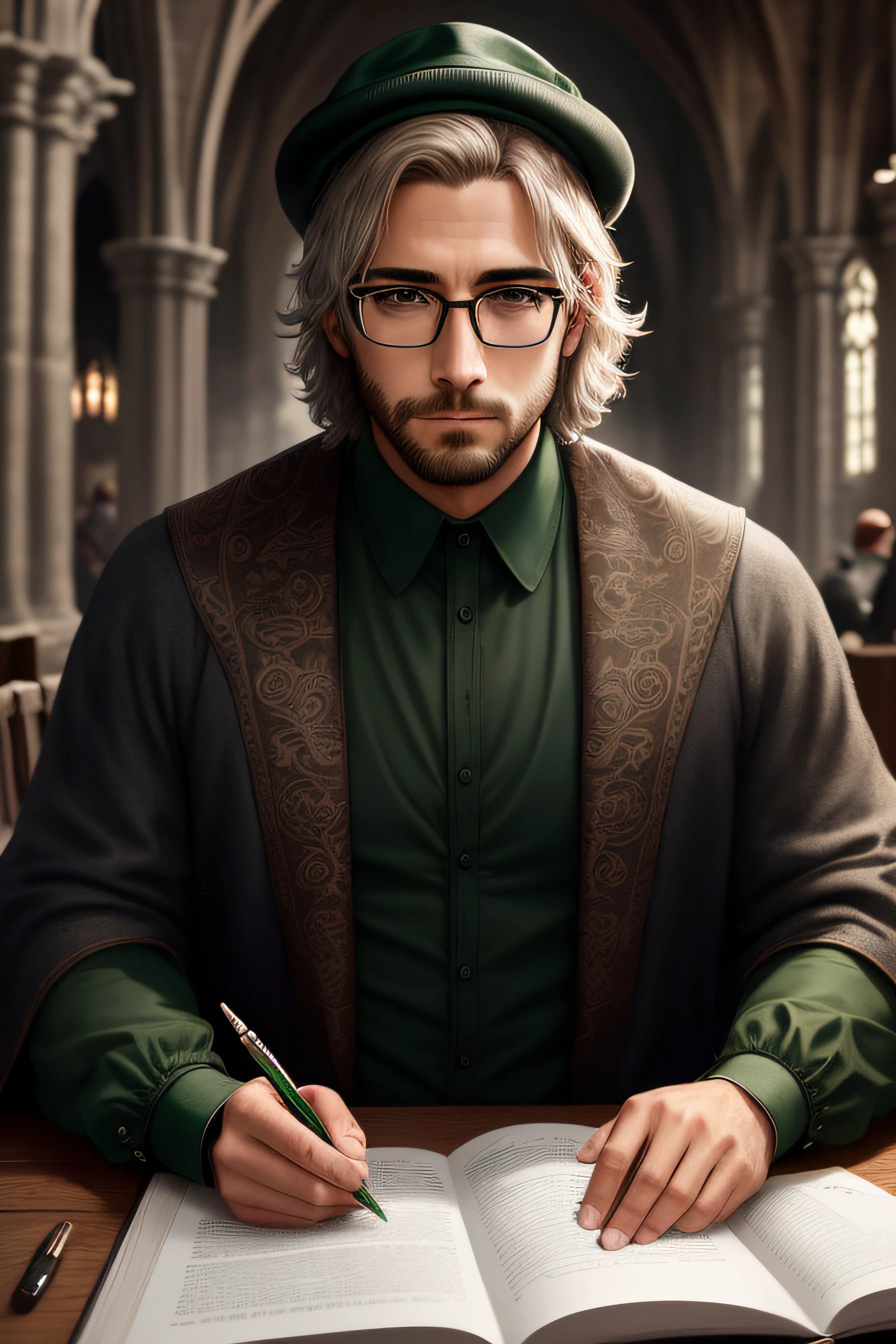 "((best quality)), ((master part)), ((desenhos animados realistas)), ((Personagem perfeito)) - A 30-year-old man wearing glasses, meticulously depicted with hyper-detailed facial features and skin, vestido com trajes de Slytherin, Exploring a medieval Gothic cathedral. The whole scene is highly detailed, exuding a realistic and gloomy gothic ambience in UHD quality. Personagem sem Cabelo, Careca, wearing the Selector hat on the Head.