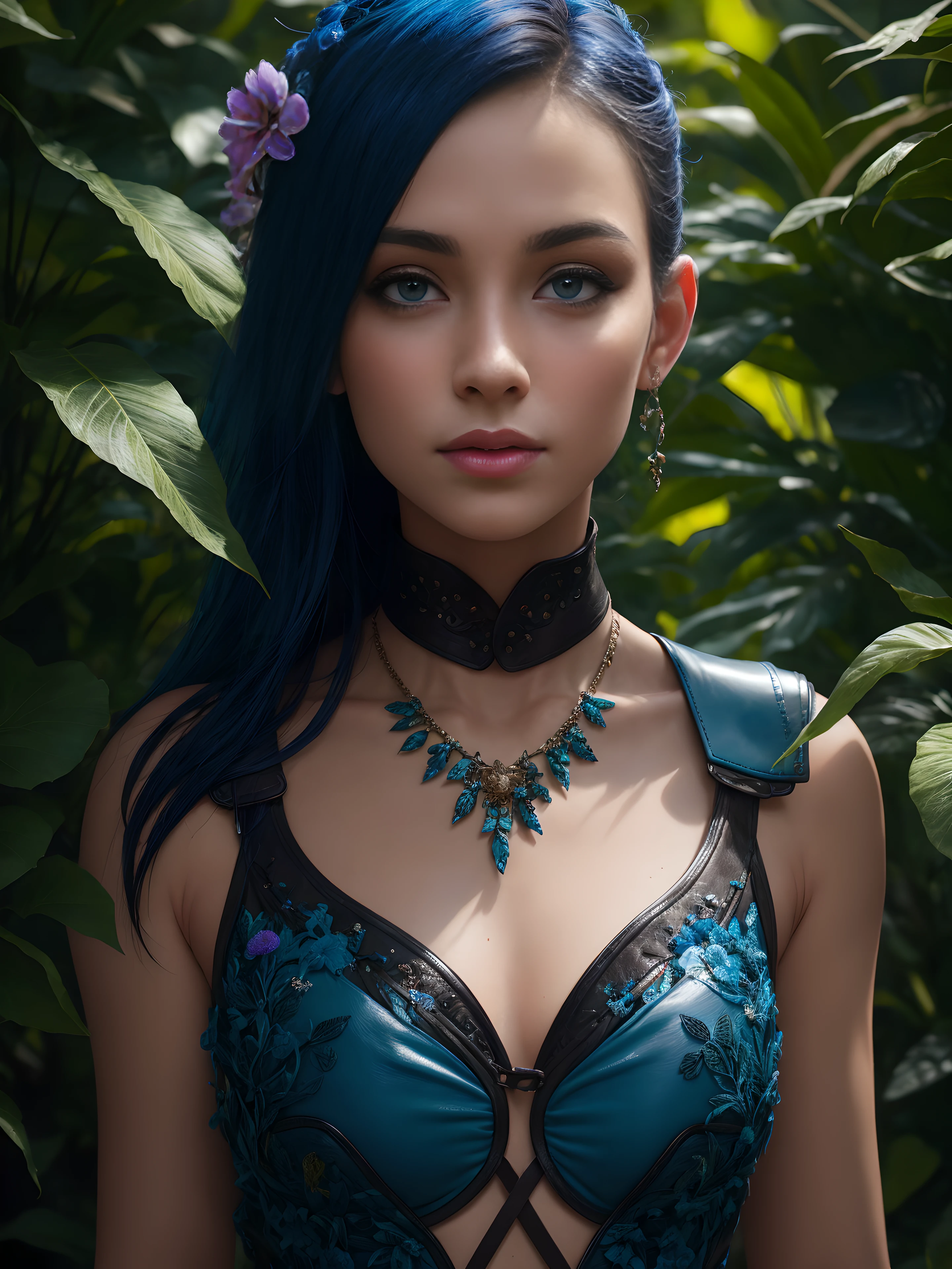 Masterpiece, Best Quality, 1boy, solo, elf ears, small ears, pointy ears, black hair, blue highlights, blue eyes, makeup, feminine, androgynous, peacock feathers, blue and green dress, dancing, city background