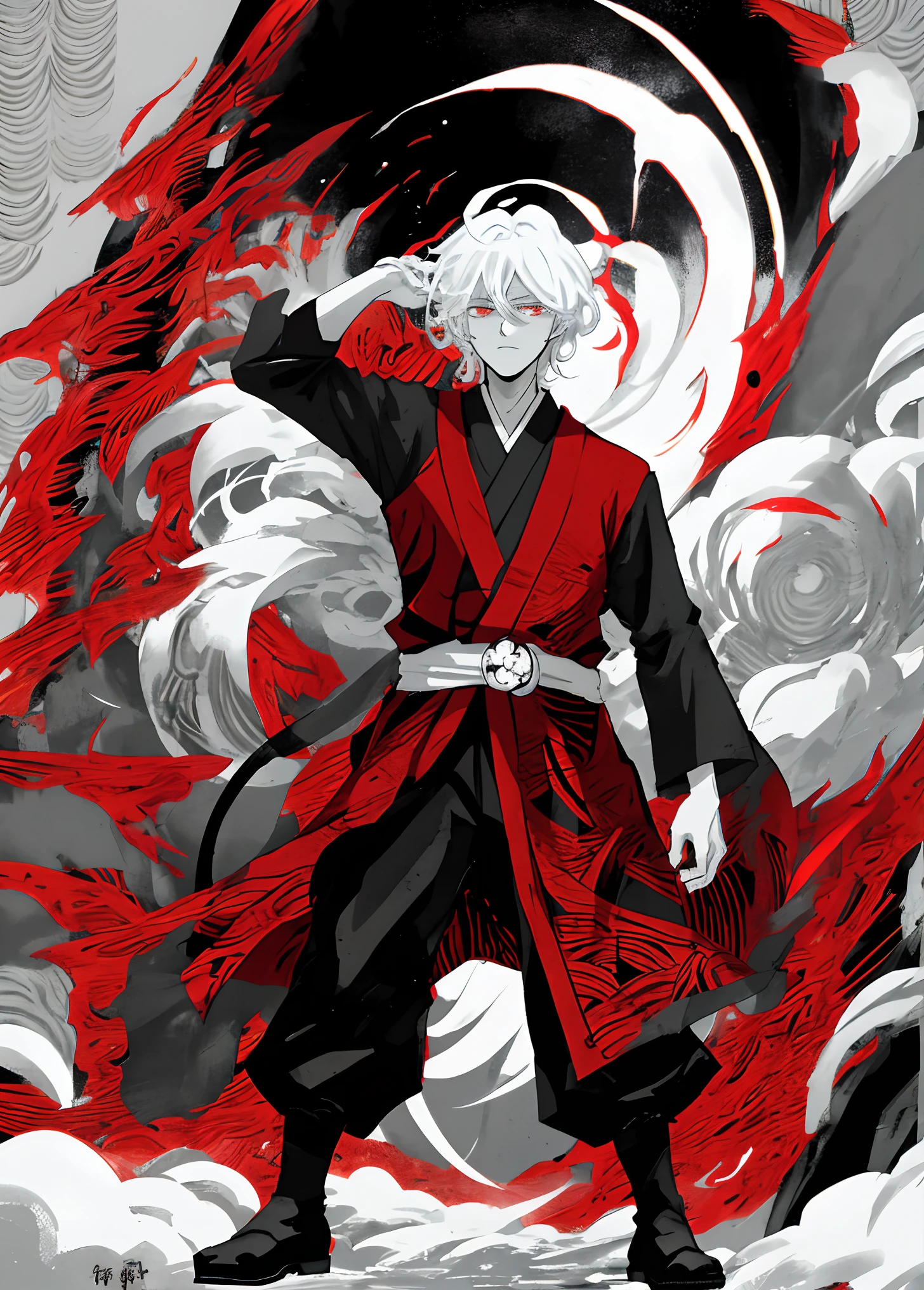 kurapika, japanese man, white hair, yellow eyes, red eyeliner, torn japanese dameged kimono, monk pose, background light particles, hyper detailed, 8k, masterpiece, digital painting, cinematic lighting, dramatic, fantasy, moody, super saiyjin 4, son goku Gt, GT, ssj4