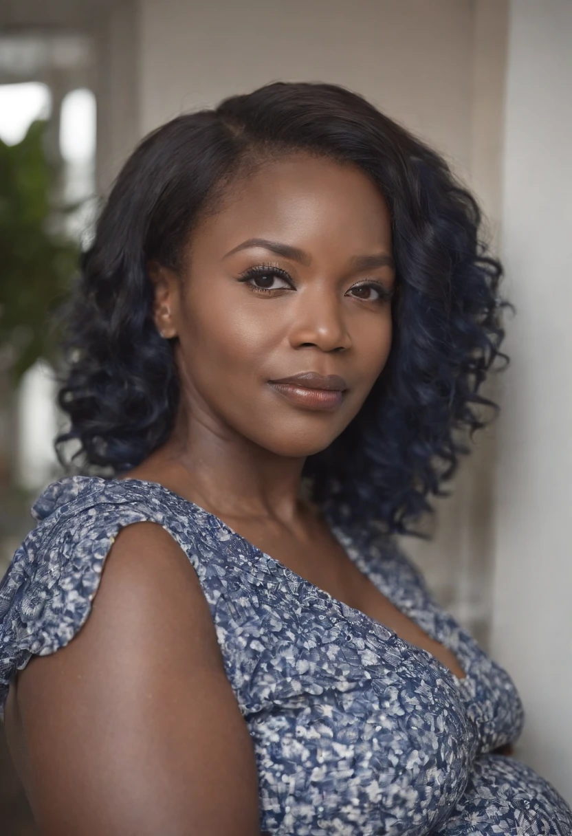 pregnant, mature, woman, African, hospital background, african hair, navy blue and white attire