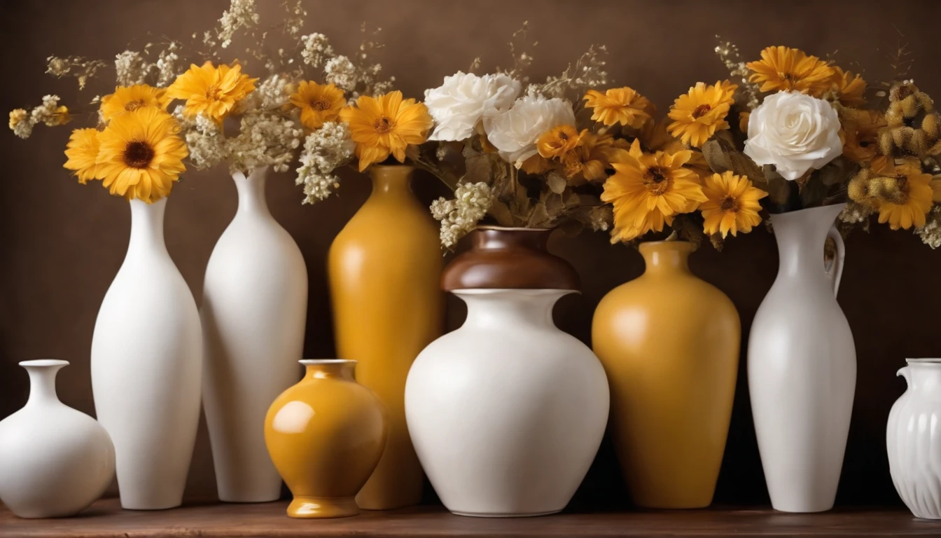 Real photo, white drywall, and decorate vases that are brown, vases of yellow and white and brown flowers, Birthday decoration backdrop, used for studio photography