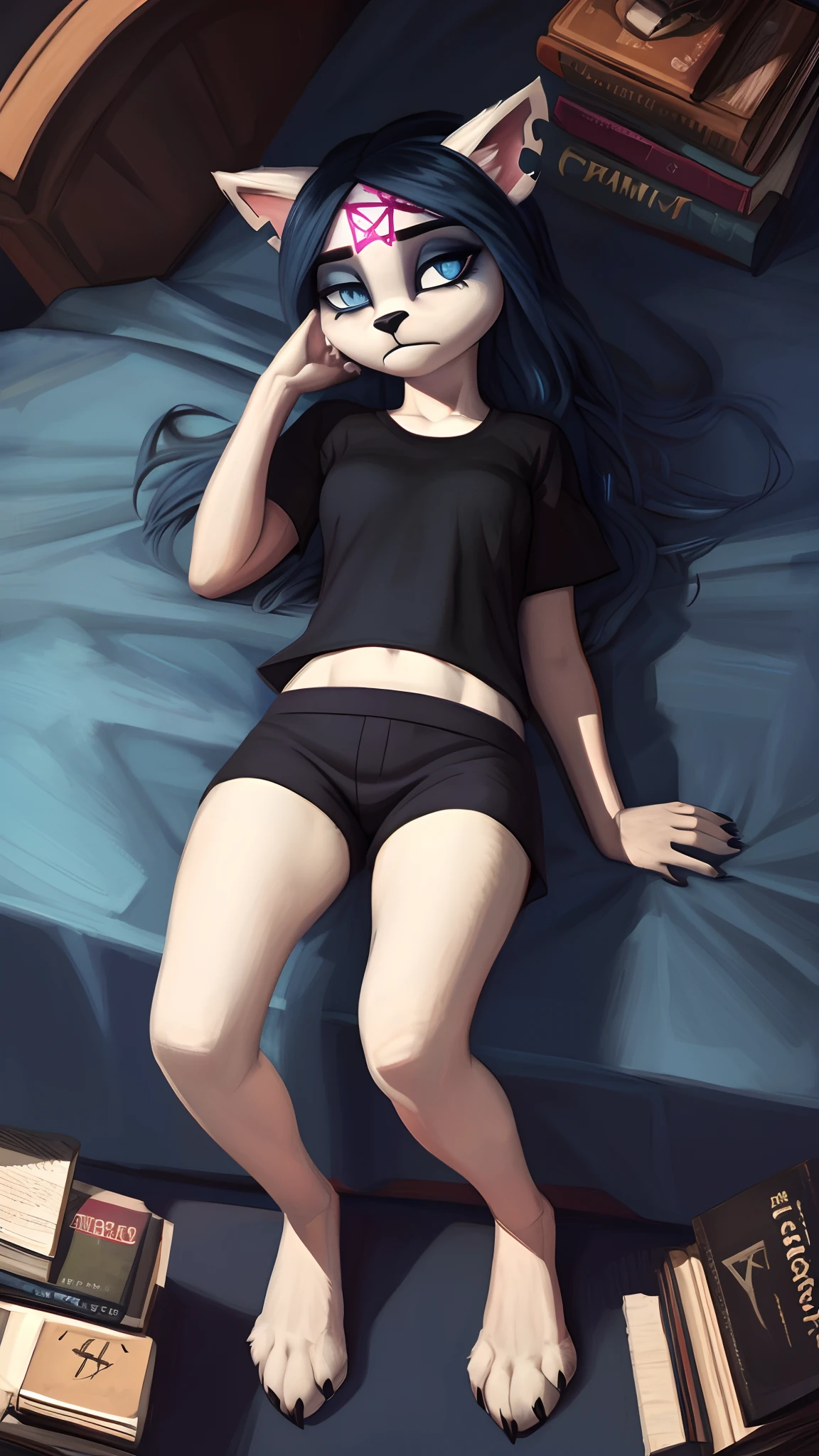 [Claire (the summoning)], [Uploaded to e621.net; (Pixelsketcher), (wamudraws)], ((masterpiece)), ((1girl)), ((sexy)), ((solo portrait)), ((bird's-eye view)), ((back view)), ((ass focus)), ((full body)), ((feet visible)), ((furry; anthro)), ((detailed fur)), ((detailed shading)), ((beautiful 3D art)), ((feet visible)), {anthro; (white fur, black nose), (cut on left ear), long blue hair, eyes closed, (short eyelashes), (beautiful feet), (paw pads), (black claws)}, {(short sleeve black tee shirt), (blue lounge shorts)}, {(on bed), (head on pillow), (hugging pillow), (sleeping), (parted legs)}, [background; (bedroom), (window nighttime), (starry sky:1.2)]