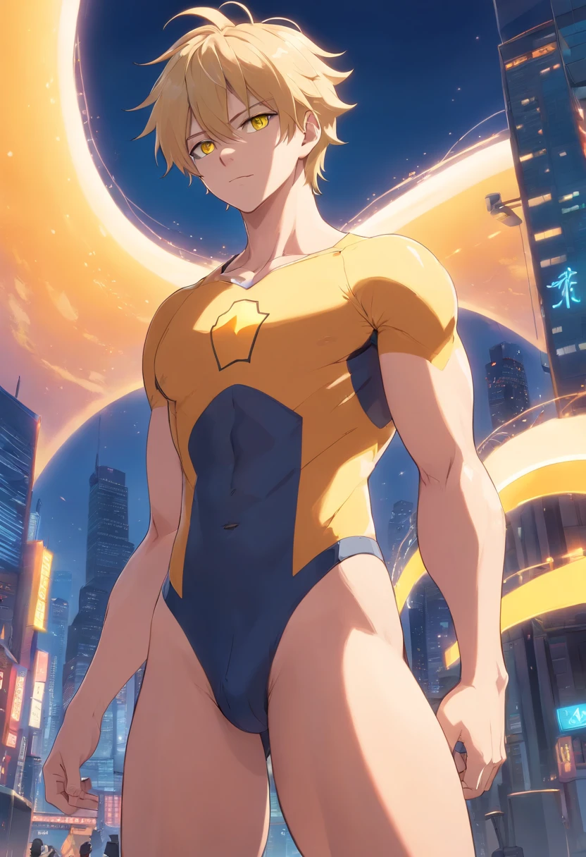 1 male human、a blond、Huge ass、blackbodysuit、yellow eyes、Large, thick thighs、short-haired、wide hips、musculature