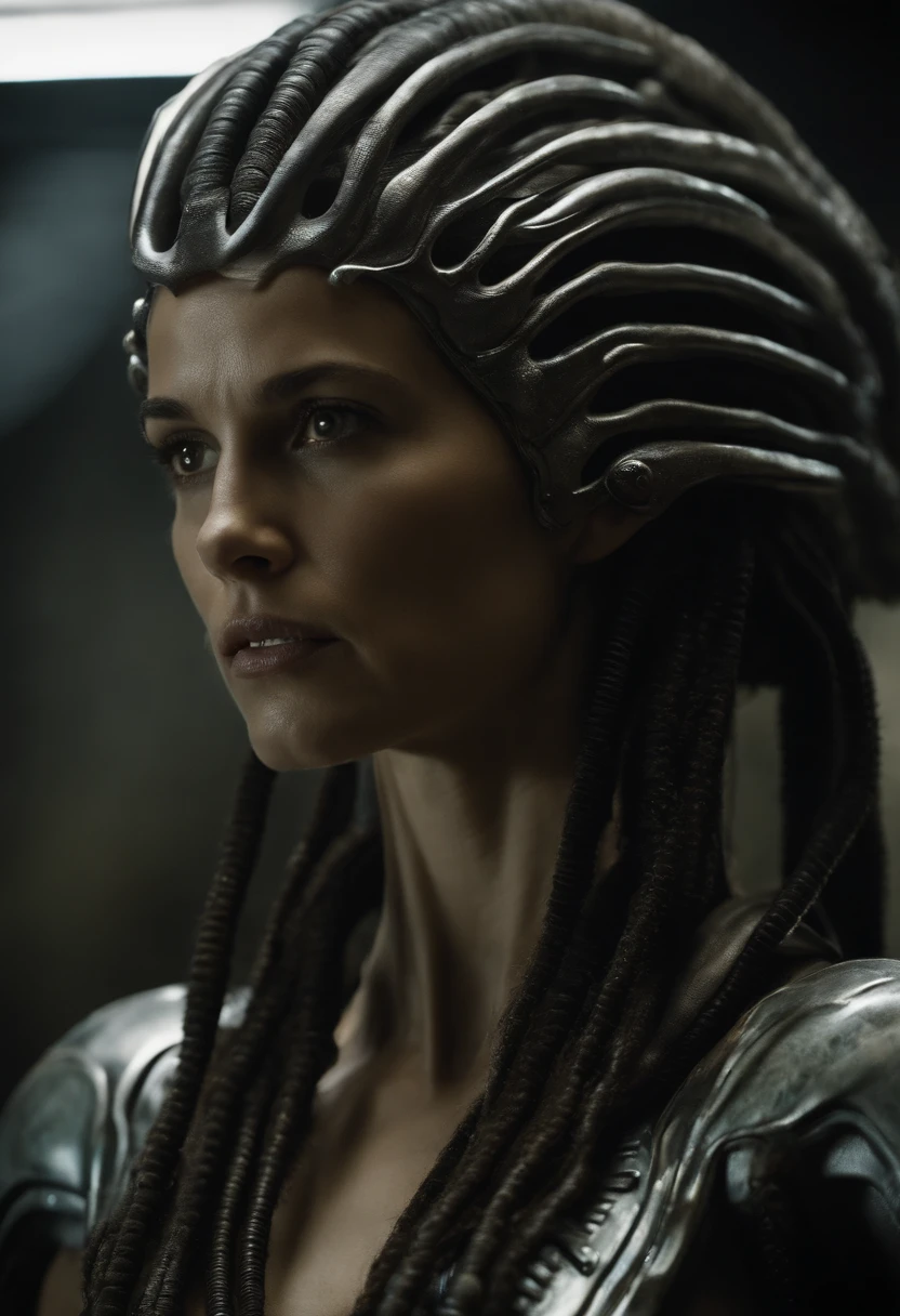 Uma mulher com dreadlocks e um corpo de cabelo em uma cena do filme Alien, movie still of a alien cyborg, Quadro do filme Prometheus, Giger RH. 8 mil, eva filme online ainda, Cena do filme Prometheus, Ainda quadro de Prometeu, Estilo Biologic HR Giger, Cena do filme Prometeu, flora humanoide