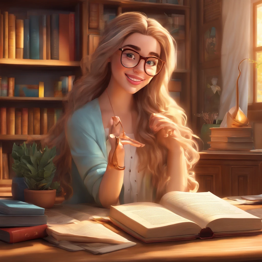 (best quality,4k,8k,highres,masterpiece:1.2),ultra-detailed,(realistic,photorealistic,photo-realistic:1.37),Disney Pixar inspired poster,pastor Rubens Janier character,blonde woman with brown eyes wearing glasses,in an office with a Bible on the table,illustration style, vibrant colors,warm color palette,soft lighting,A4 size,high resolution,faith-based theme,chalkboard background,typography elements,motivational quotes,expressive facial features,happy and confident expression,beautiful detailed eyes and lips,bookshelf with religious books,focused composition,books on the desk,contemporary art style,holistic atmosphere,comfortable and inviting environment,natural sunlight streaming through the window,window with lace curtains,thoughtful pose,dropdown,book pages turning,charming smile,wisdom and knowledge,inspiration,spiritual journey,dreamy appeal,prominent facial contours,subtle shadows,gentle brushstrokes,journaling materials,pens and markers,artistic flair,intimate connection with the viewer,positive energy,and a touch of magic.