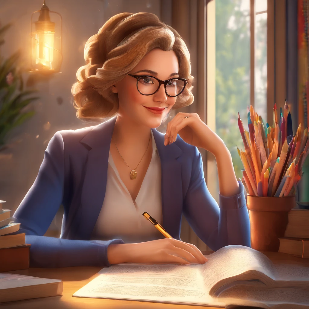 (best quality,4k,8k,highres,masterpiece:1.2),ultra-detailed,(realistic,photorealistic,photo-realistic:1.37),Disney Pixar inspired poster,pastor Rubens Janier character,blonde woman with brown eyes wearing glasses,in an office with a Bible on the table,illustration style, vibrant colors,warm color palette,soft lighting,A4 size,high resolution,faith-based theme,chalkboard background,typography elements,motivational quotes,expressive facial features,happy and confident expression,beautiful detailed eyes and lips,bookshelf with religious books,focused composition,books on the desk,contemporary art style,holistic atmosphere,comfortable and inviting environment,natural sunlight streaming through the window,window with lace curtains,thoughtful pose,dropdown,book pages turning,charming smile,wisdom and knowledge,inspiration,spiritual journey,dreamy appeal,prominent facial contours,subtle shadows,gentle brushstrokes,journaling materials,pens and markers,artistic flair,intimate connection with the viewer,positive energy,and a touch of magic.