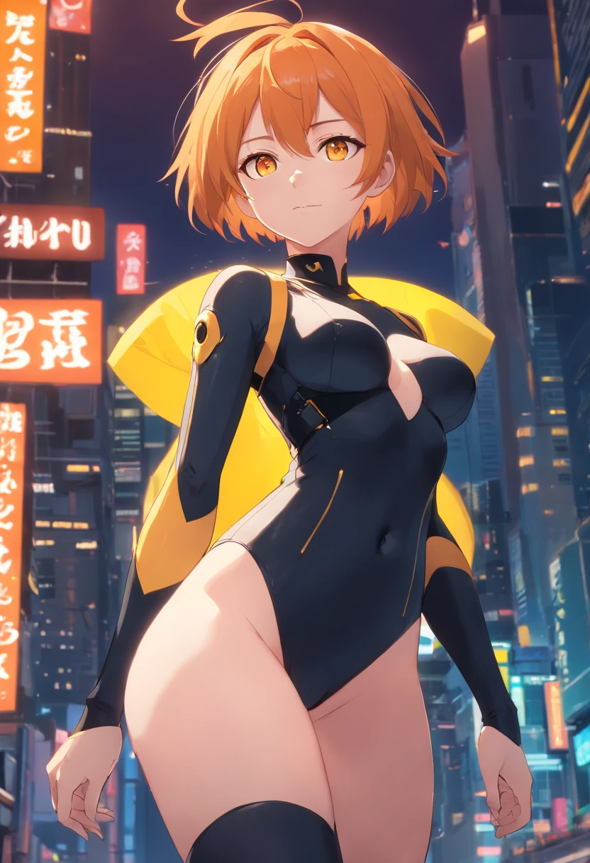 1 female、Orange hair、Colossal tits、Big ass、blackbodysuit、yellow  eyes、Large, thick thighs、a short bob、wide hips