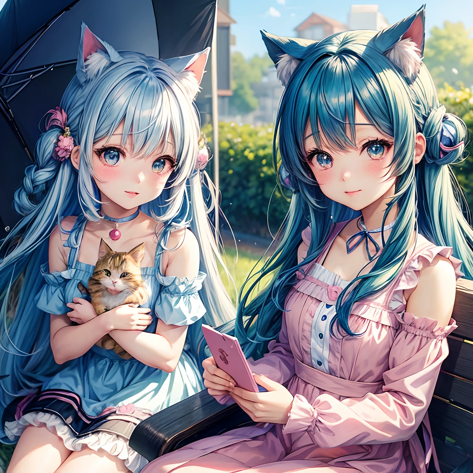 Blue hair anime girl with cat and pink dress, Cute Anime, Cute anime girl, kawaii realistic portrait, soft anime illustration, Anime visuals of cute girls, cute kawaii girl, cute anime style, anime moe art style, Anime Illustration, cute anime catgirl, Very Beautiful Anime Cat Girl, pretty anime girl, kawaii anime manga style, portrait of cute anime girlbabes