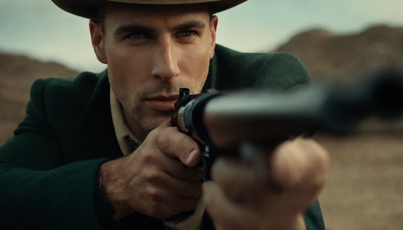 A man using hat holding the muzzle of a gun near the face of the enemy