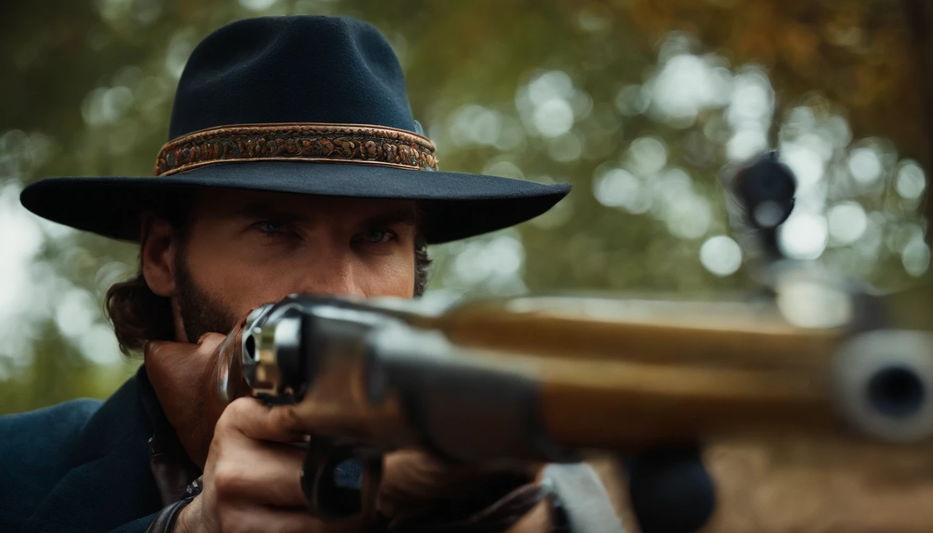 A man using hat holding the muzzle of a gun near the face of the enemy