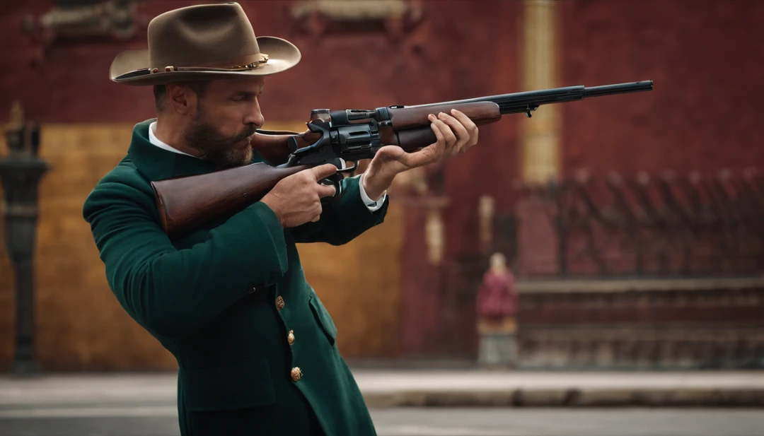 Arafed man in a green coat and hat holding a gun - SeaArt AI