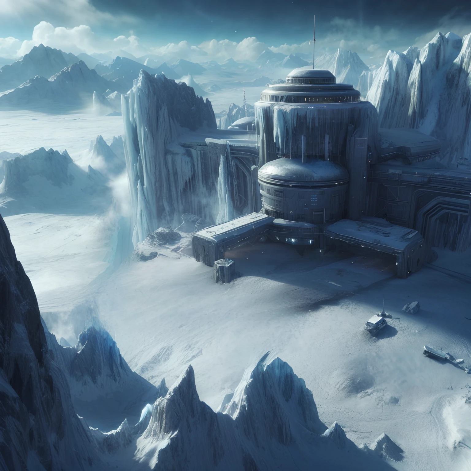 futuristic city in the middle of a snowy mountain range, ice city in 2 0 8 0, sci-fi fantasy wallpaper, industrial futuristic ice mine, sci-fi fantasy desktop wallpaper, highly realistic concept art, stunning sci-fi concept art, planet hoth, epic cinematic matte painting, ice planet, sci fi setting, matte painting concept art, stunning concept art