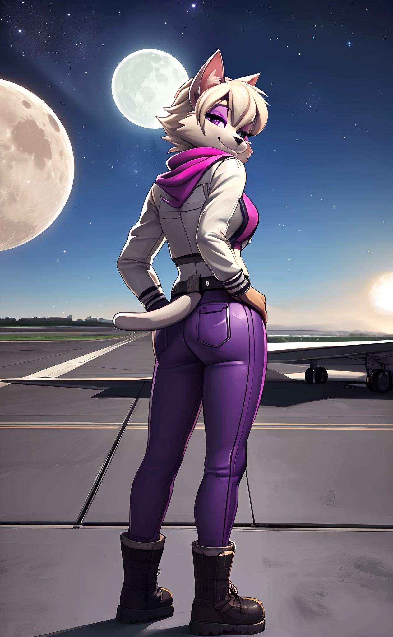 [Katt Monroe], [Starfox], [Uploaded to e621.net; (mayosplash), (Pixelsketcher), (wamudraws)], [Uploaded to twitter.com; (@senip)], ((masterpiece)), ((HD)), ((high quality)), ((solo portrait)) ((back view)), ((furry; anthro)), ((detailed fur)), ((detailed shading)), ((beautiful render art)), ((cel shading)), {(female anthro cat), (slim figure), pink fur black nose, (cat ears), (short white curly hair), (curly white bang), (purple eyes), (half-closed eyes), (purple eyeshadow), (smug grin)}, {(purple leather jacket), (fluffy scarf), (white tee shirt), (tight purple pants), (utility belt), (grey combat boots)}, {(standing on concrete), (hand on hip), (looking over shoulder)}, [background; (air force base), (jet runway), (starry sky), (full moon)]