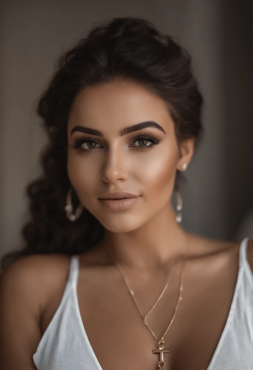 Arafed woman completely , latina , fille sexy aux yeux marron, hispanic , ultra realist, Meticulously detailed, Portrait Selena gomez, cheveux bruns et grands yeux, selfie of a young woman, Dubai Eyes, , sans maquillage, maquillage naturel, looking straight at camera, Visage avec Artgram, Maquillage subtil, Superbe photo du corps entier , dans la chambre, Medium to large bust
