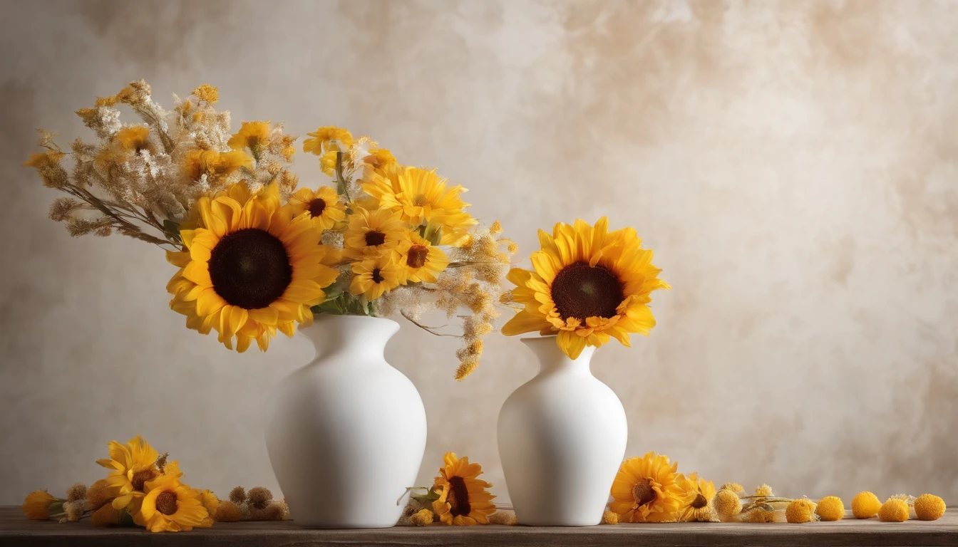 Real photo, white drywall, Decorate 2 vases on 2 sides ,vases that are brown, vases of yellow and white and brown flowers, Birthday decoration backdrop, used for studio photography
