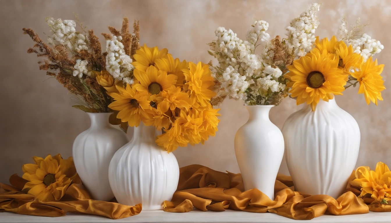 Real photo, white drywall, Decorate 2 vases on 2 sides ,vases that are brown, vases of yellow and white and brown flowers, Birthday decoration backdrop, used for studio photography