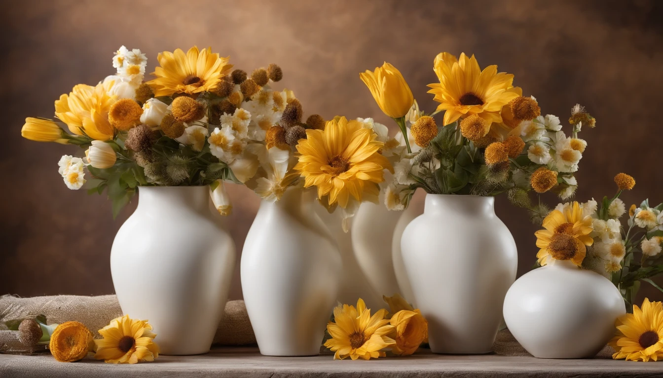 Real photo, white drywall, Decorate 2 vases on 2 sides ,vases that are brown, vases of yellow and white and brown flowers, Birthday decoration backdrop, used for studio photography