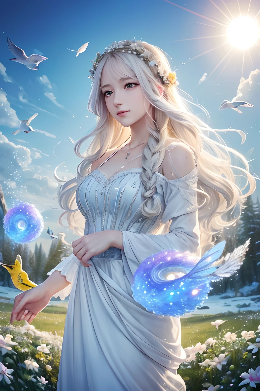 April small cute birds bring flowers and colorful feathers to her blonde/white braided hair, she looks to the camera of knowing, braided hair, bluebirds, hummingbirds, fluffy cumulus clouds, cumulonimbus, chickadees, goldfinch, swirling curling blonde/white hair, twirling, spiral, gyro, puffy fluffy, cotton candy, sunshine, mist, frost, frosty, frozen, warm, silver dress, silver gown, flashing dynamic, sound, photorealistic, hyperdetailed, glass, gems, color, 24 years woman, fairy hair, drill hair, digital sound clouds, 64k resolution, mystical art style, fun, timing, love, honesty, oil paints, new design, paper-art, spring, with the Renaissance brilliance of Leonardo da Vinci, and Michelangelo, creating a vibrant classical elegance.