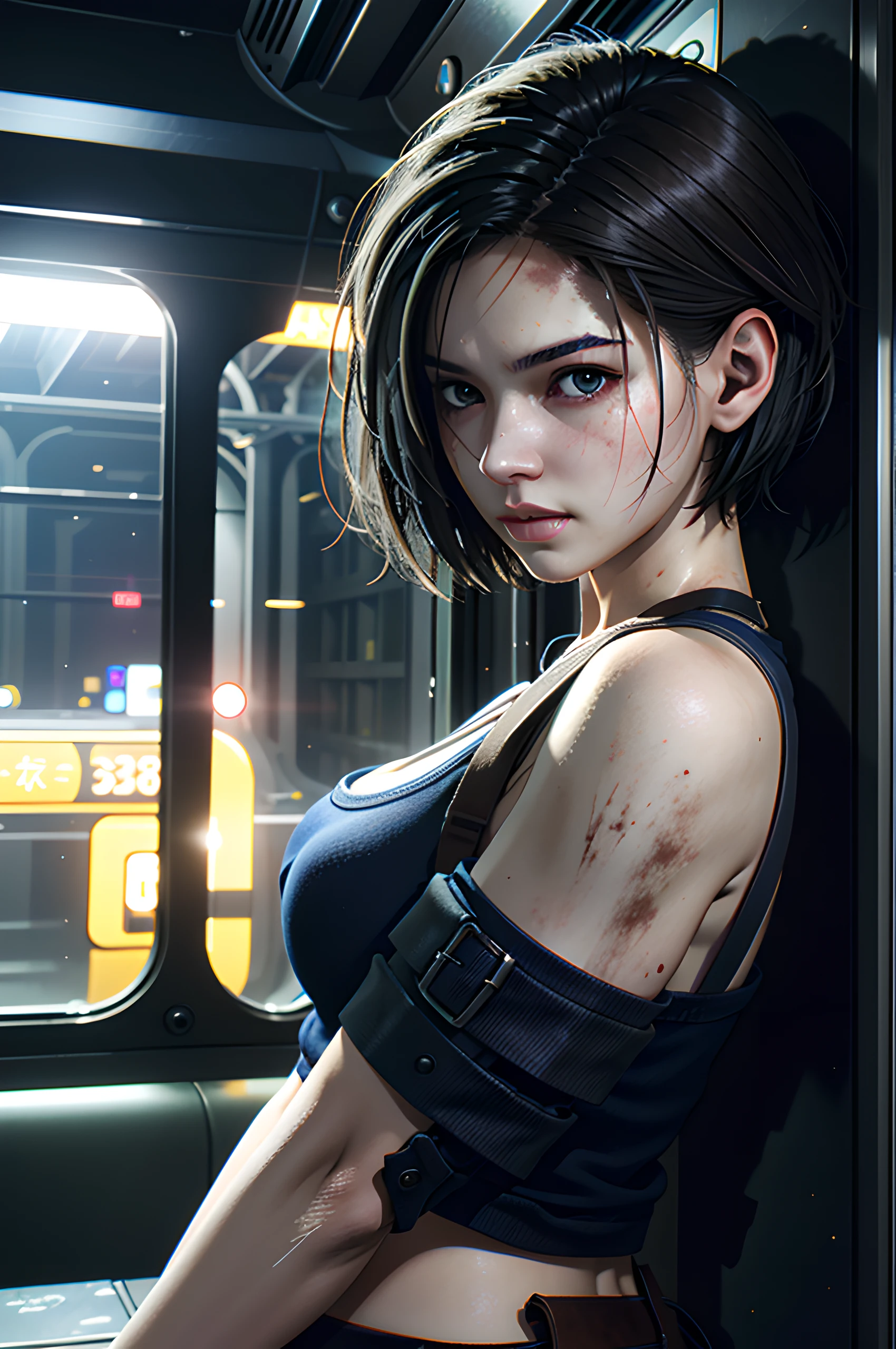 (Masterpiece, Best Quality)
Jill Valentine,  1girl, 独奏, Short hair, upper body portrait, Dark, The Abandoned Train