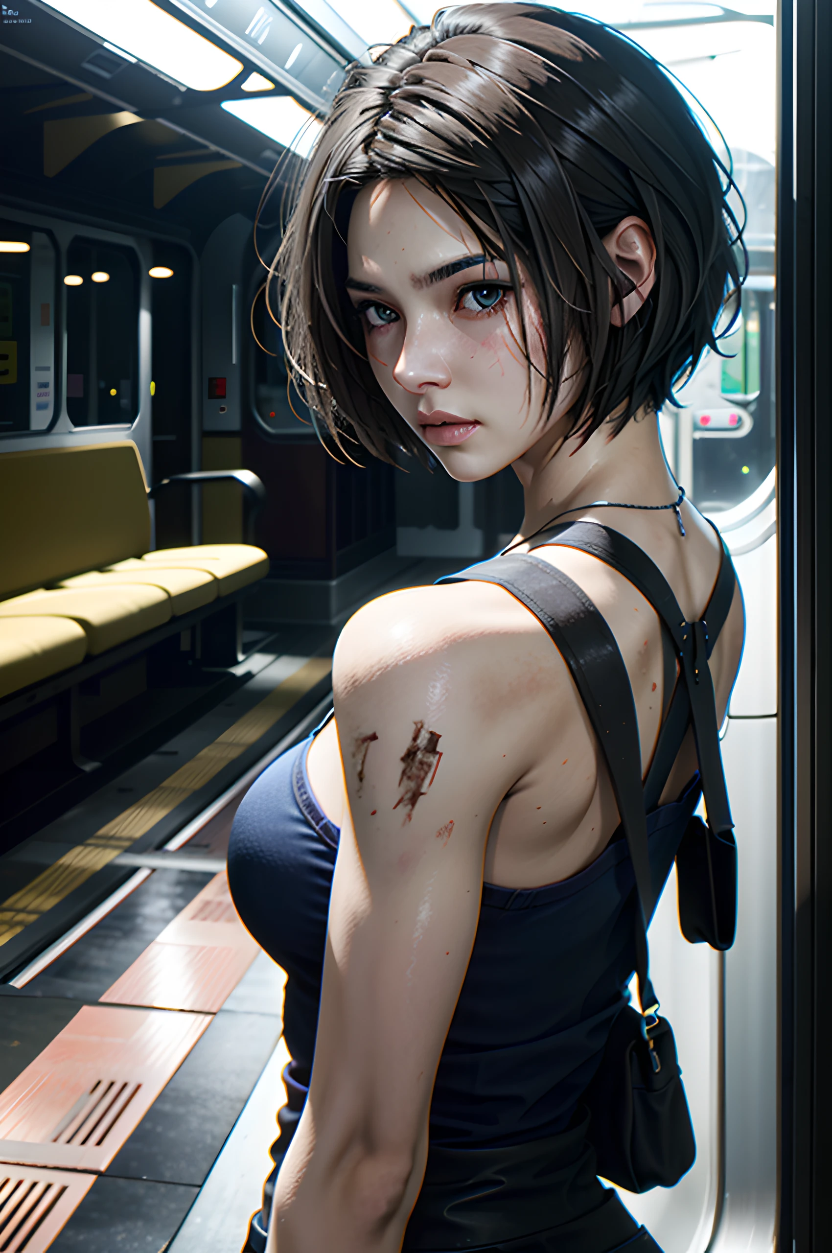 (Masterpiece, Best Quality)
Jill Valentine,  1girl, 独奏, Short hair, upper body portrait, Dark, The Abandoned Train