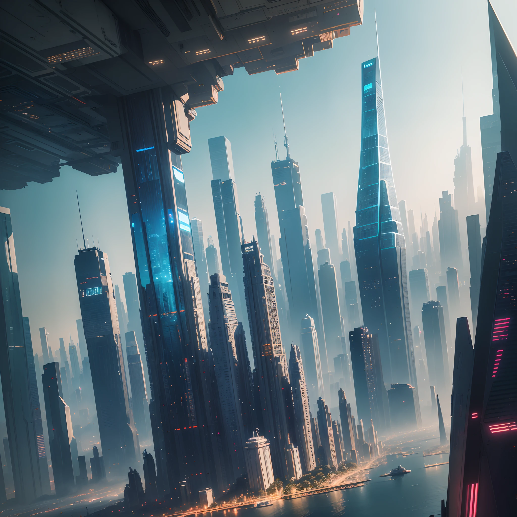 (Best Quality, 8K, Ultra-detailed:1.2), Futuristic cityscape of towering skyscrapers, Cyberpunk, Sci-Fi Art, Earth, A futuristic world, masutepiece, Glass skyscraper, Imaginative, Buildings 50 times taller, Vivid colors, Dramatic Lighting,kosmos,A world far beyond the imagination of mankind