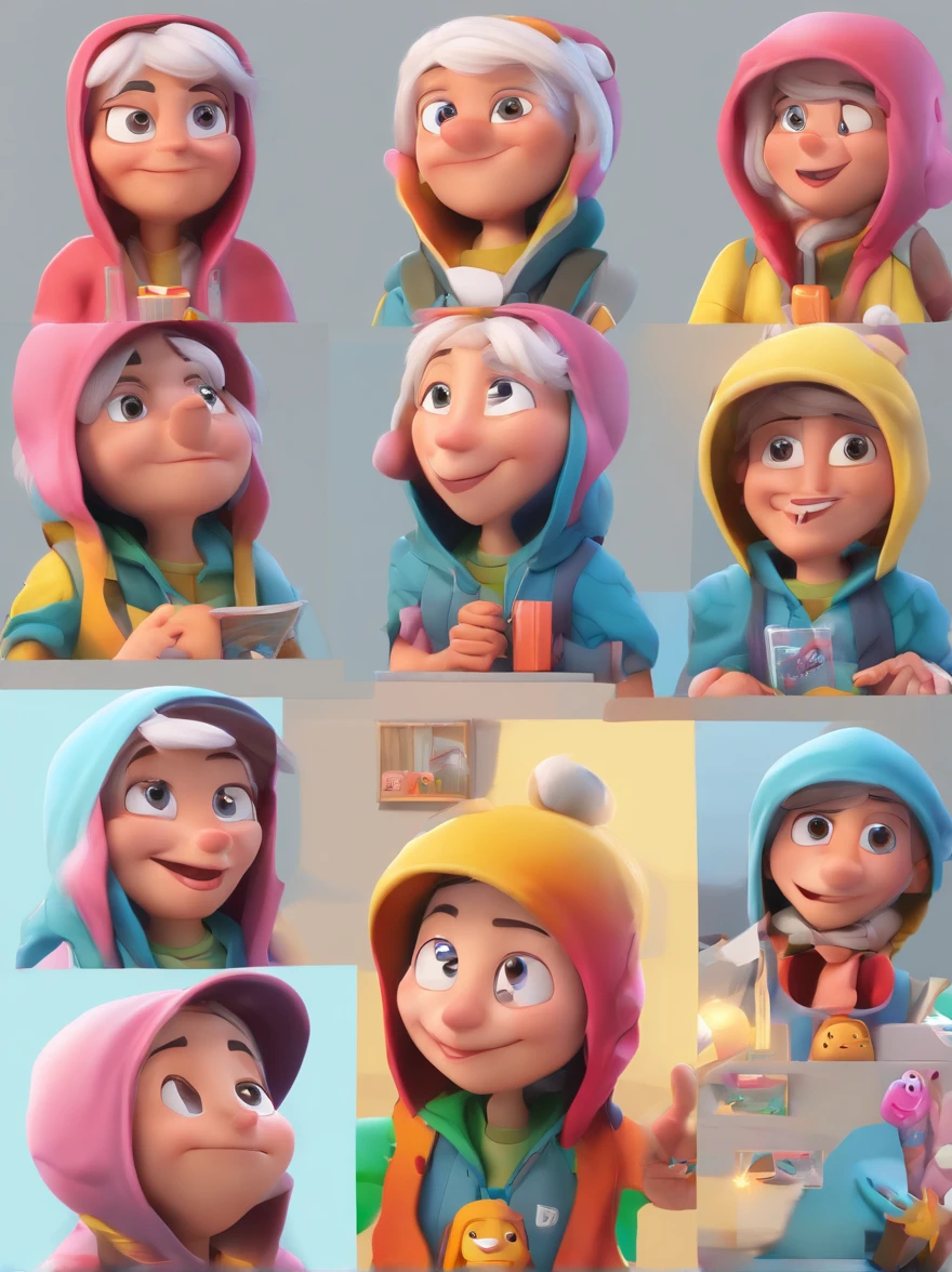 Grandma wears a black helmet，Pink hooded sweatshirt， ,Brown-skinned lady，Draw in 3D art style, C4D, with a pure white background, Disney  style, Pixar style render illustrations in super detail, 8K，(9 emojis，emoji sheet of，Align arrangement)，9 poses and expressions（grieves，astonishment，having fun，exhilarated，big laughter，Angry，doubt，Touch your head，Sell moe, wait）Different emotions，9 poses and expressions