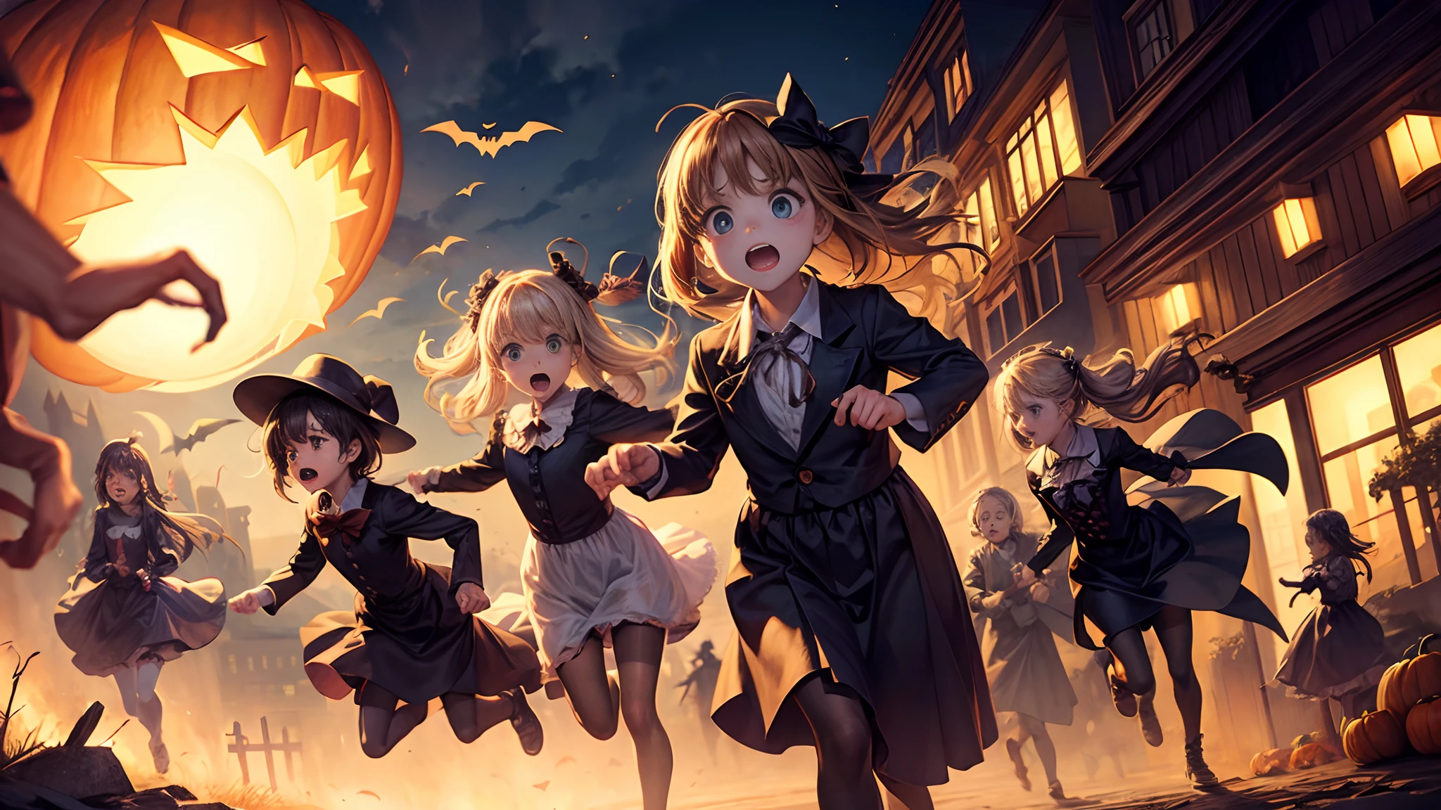 Halloween illustration, three , Children running away from the ghost with surprised expressions, (Masterpiece), (Best Quality), (Ultra high Detailes)