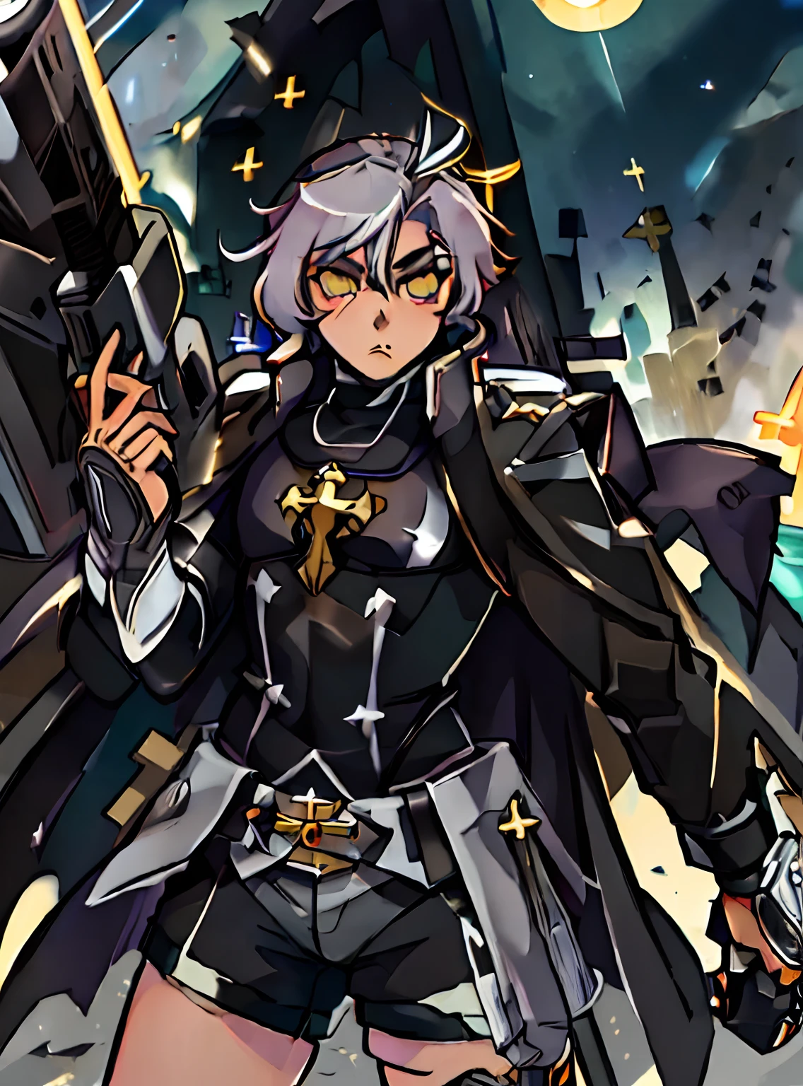 ((Sistermon Noir as male)),(1boy:1.2},(solo:1.1), ((battlepriest)),(shorts,)) , silver hair,grey eyes,STANCE,star \(sky\), (masterpiece), (best quality), HDR, intricate detail, ((Femboy)), (holding a Gun)